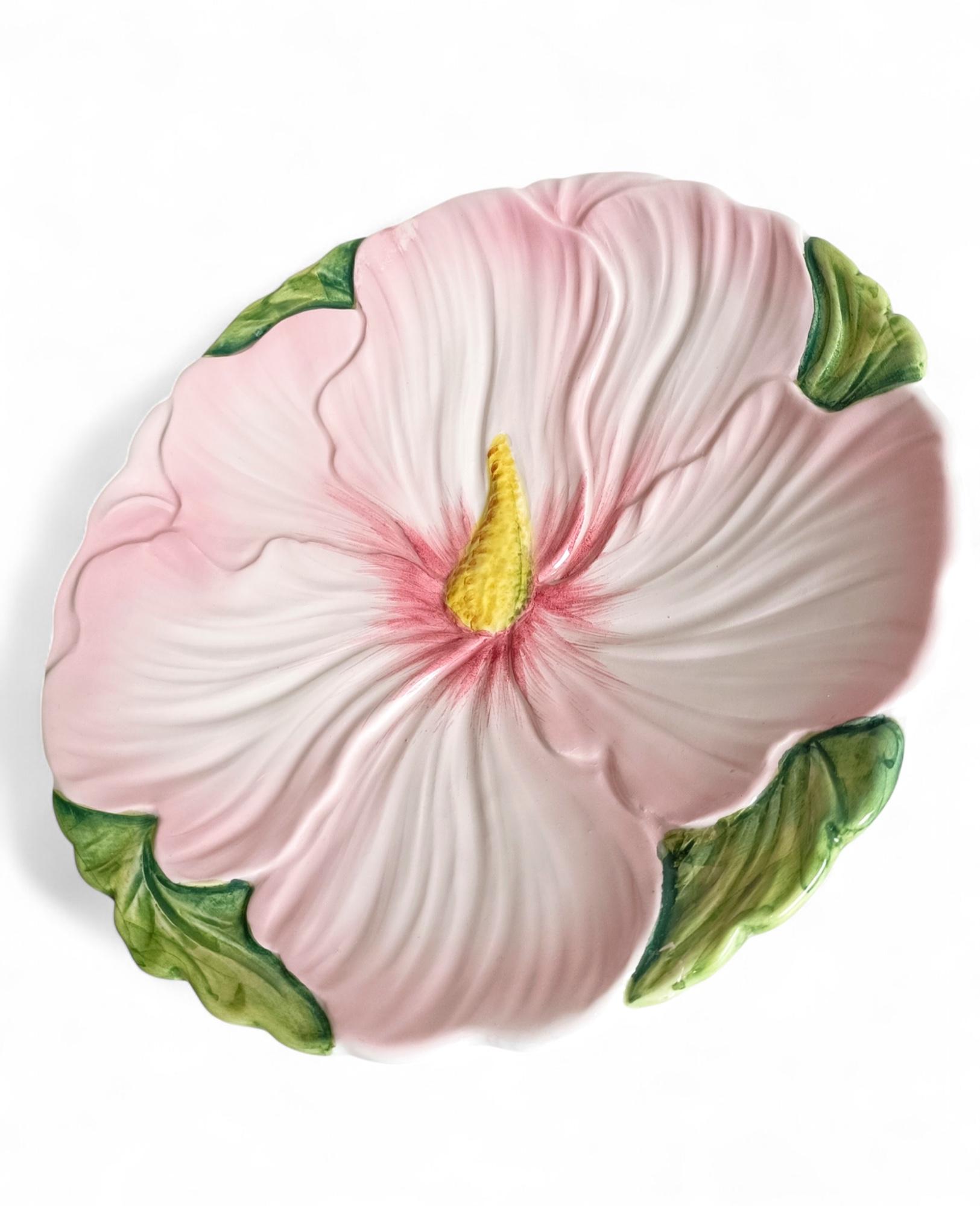 Antique Italian Majolica Pink and Green Flower Plate For Sale 1