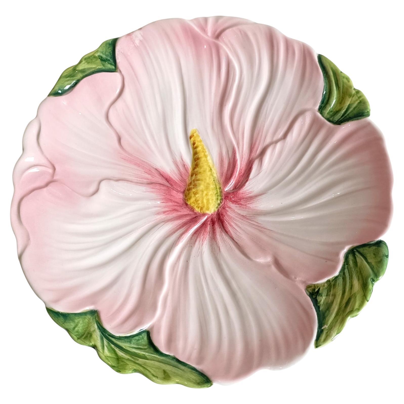 Antique Italian Majolica Pink and Green Flower Plate