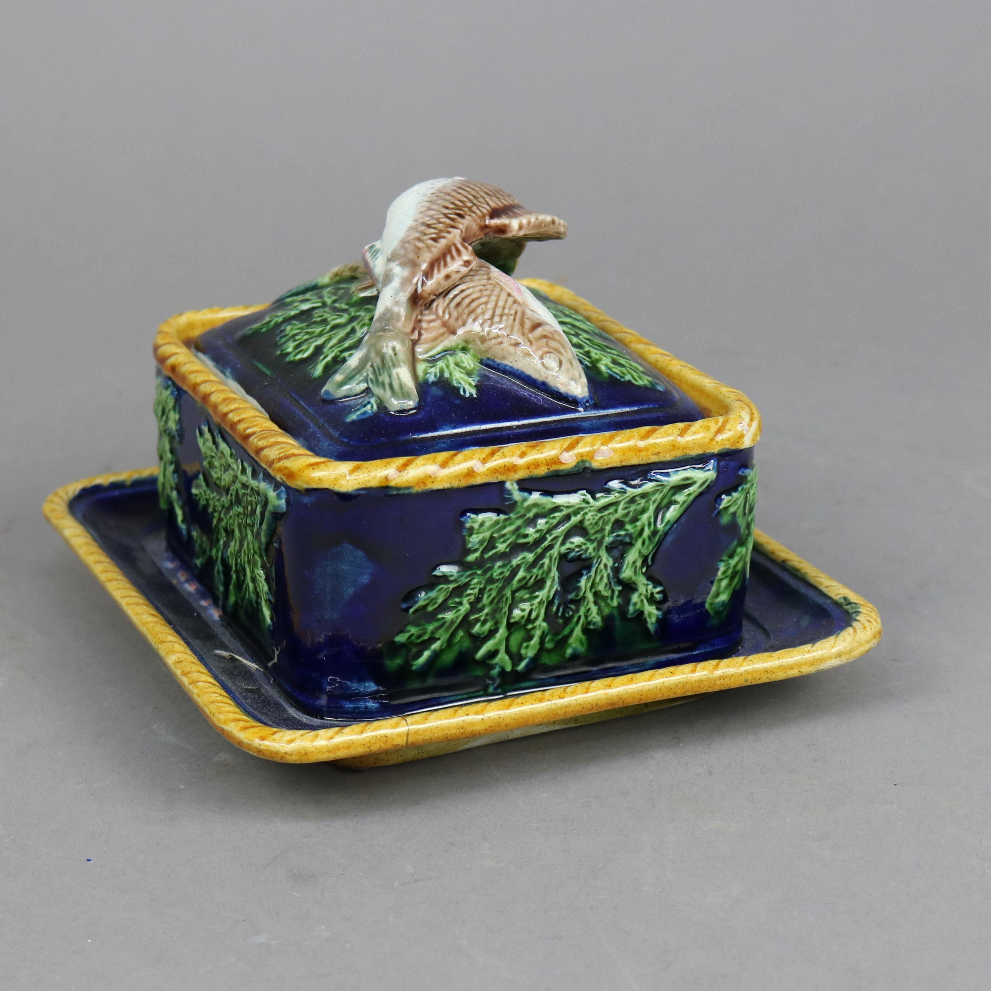 19th Century Antique English George Jones Majolica Pottery Figural Sardine Box, 19th C