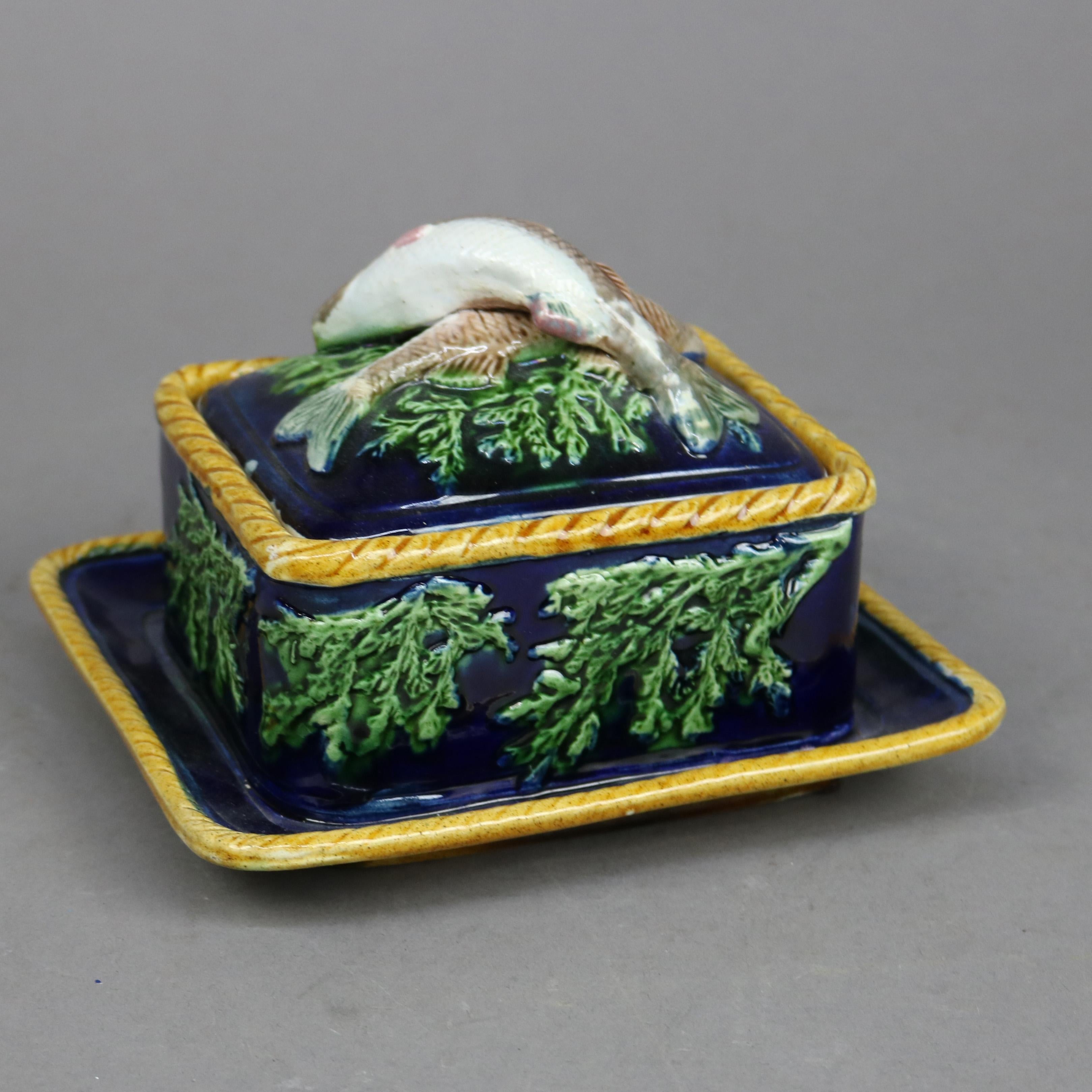 Antique English George Jones Majolica Pottery Figural Sardine Box, 19th C 1