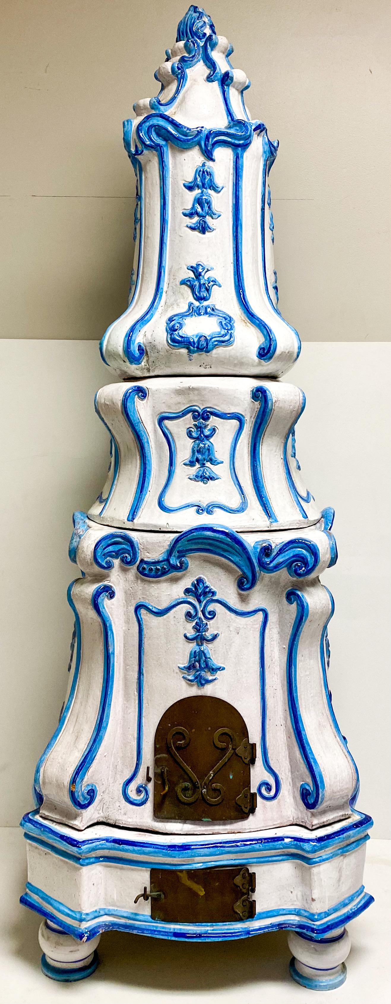 Rococo Antique Italian Majolica Terracotta Blue and White Parlor Stove