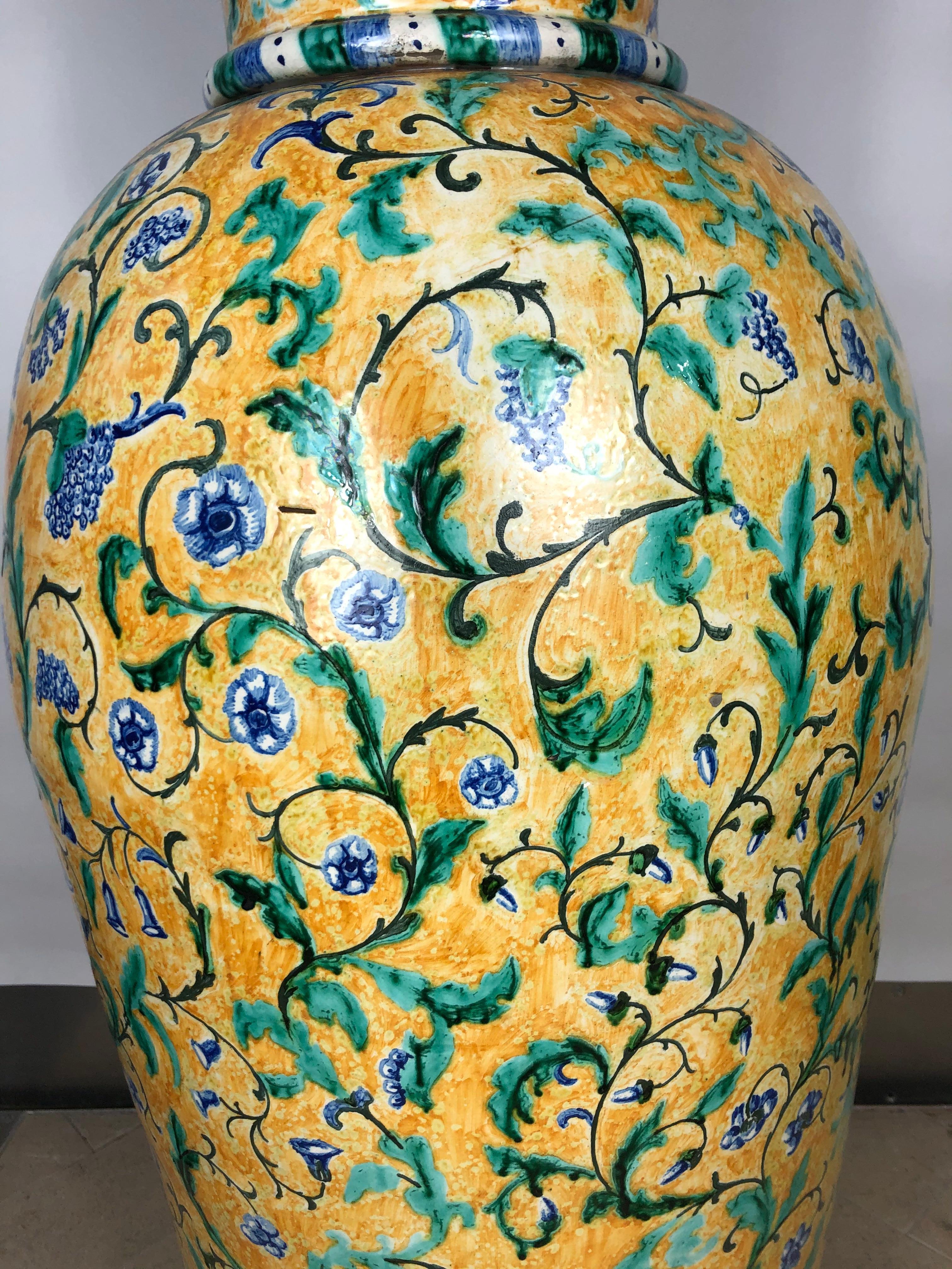 Antique Italian Majolica Urn with Mythical Dragon figurine on top, measures: 52