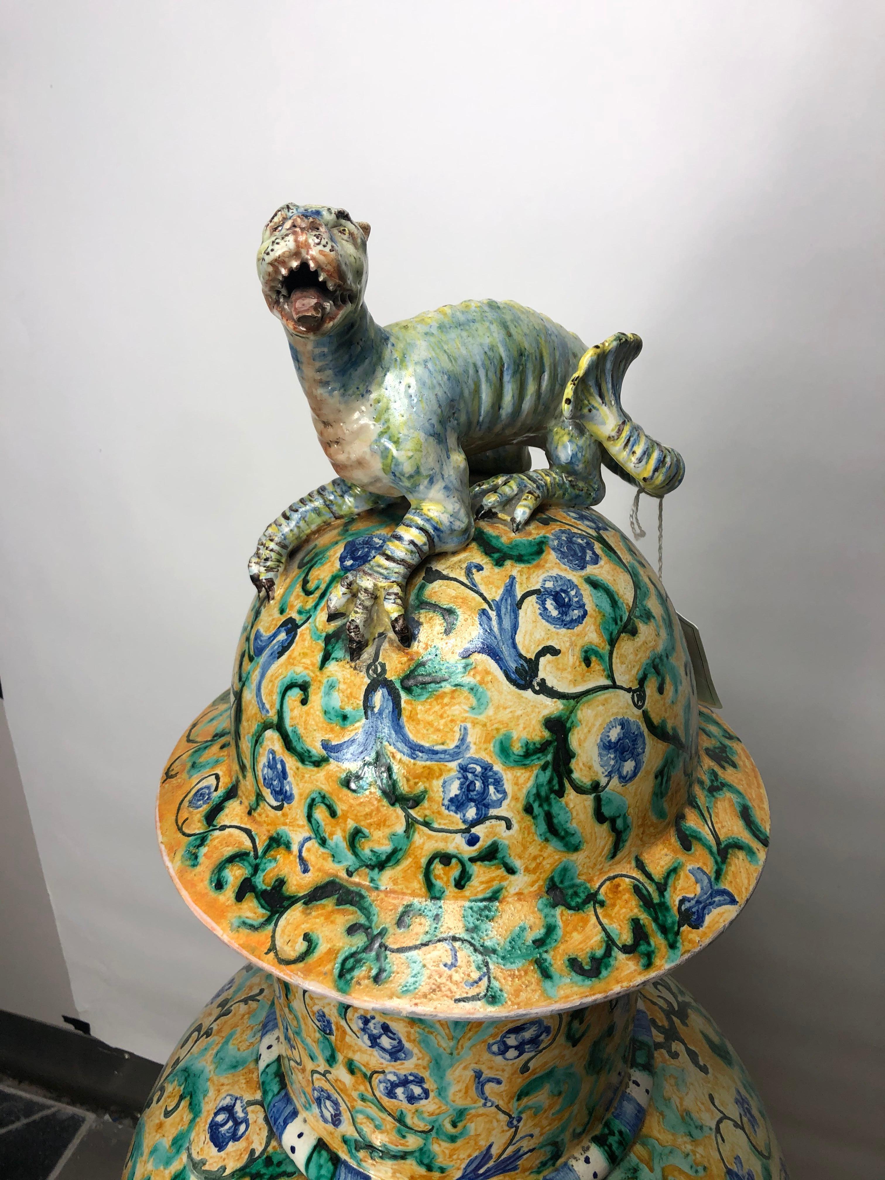 20th Century Antique Italian Majolica Urn with Mythical Dragon Figurine