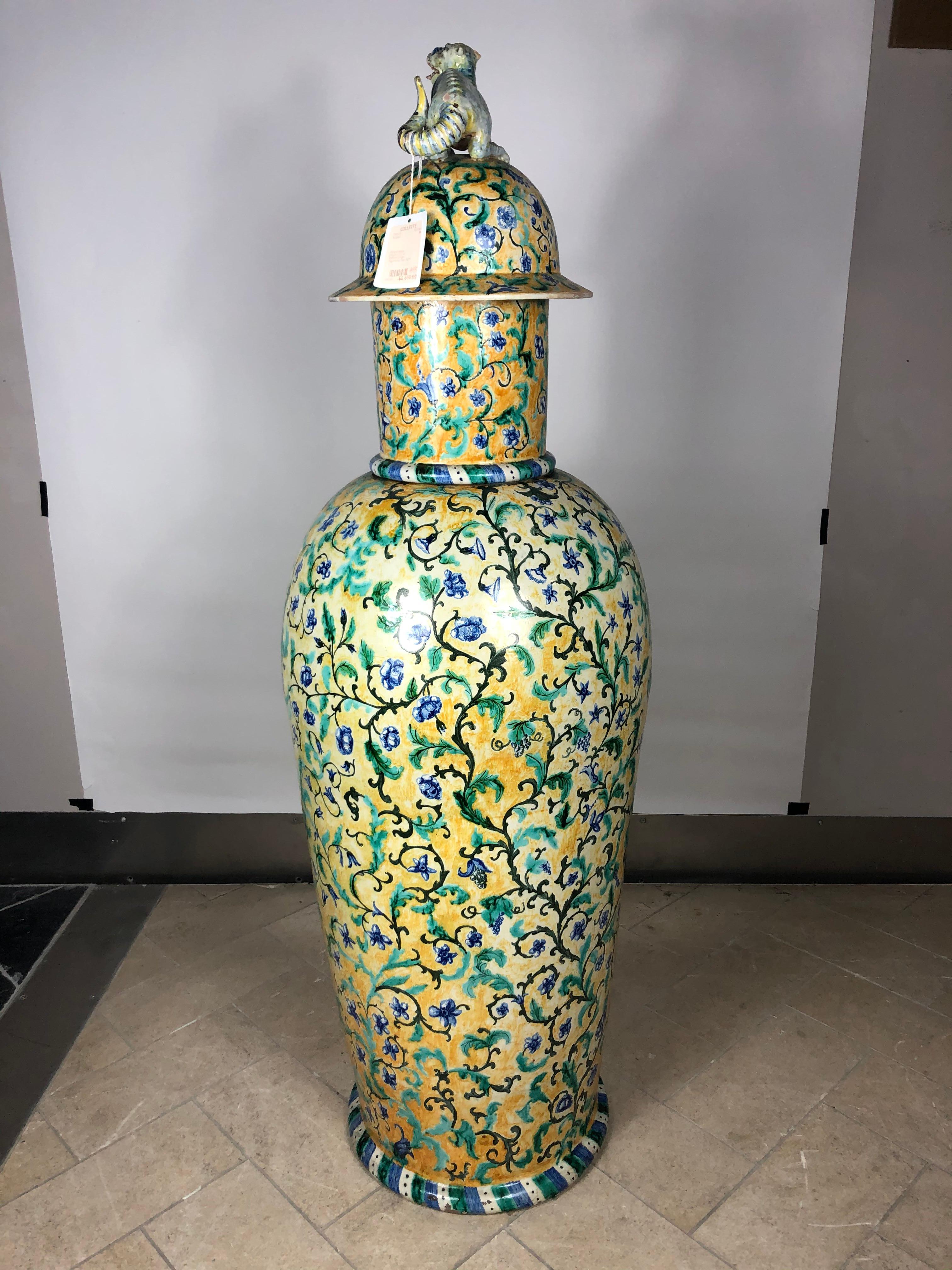 Ceramic Antique Italian Majolica Urn with Mythical Dragon Figurine