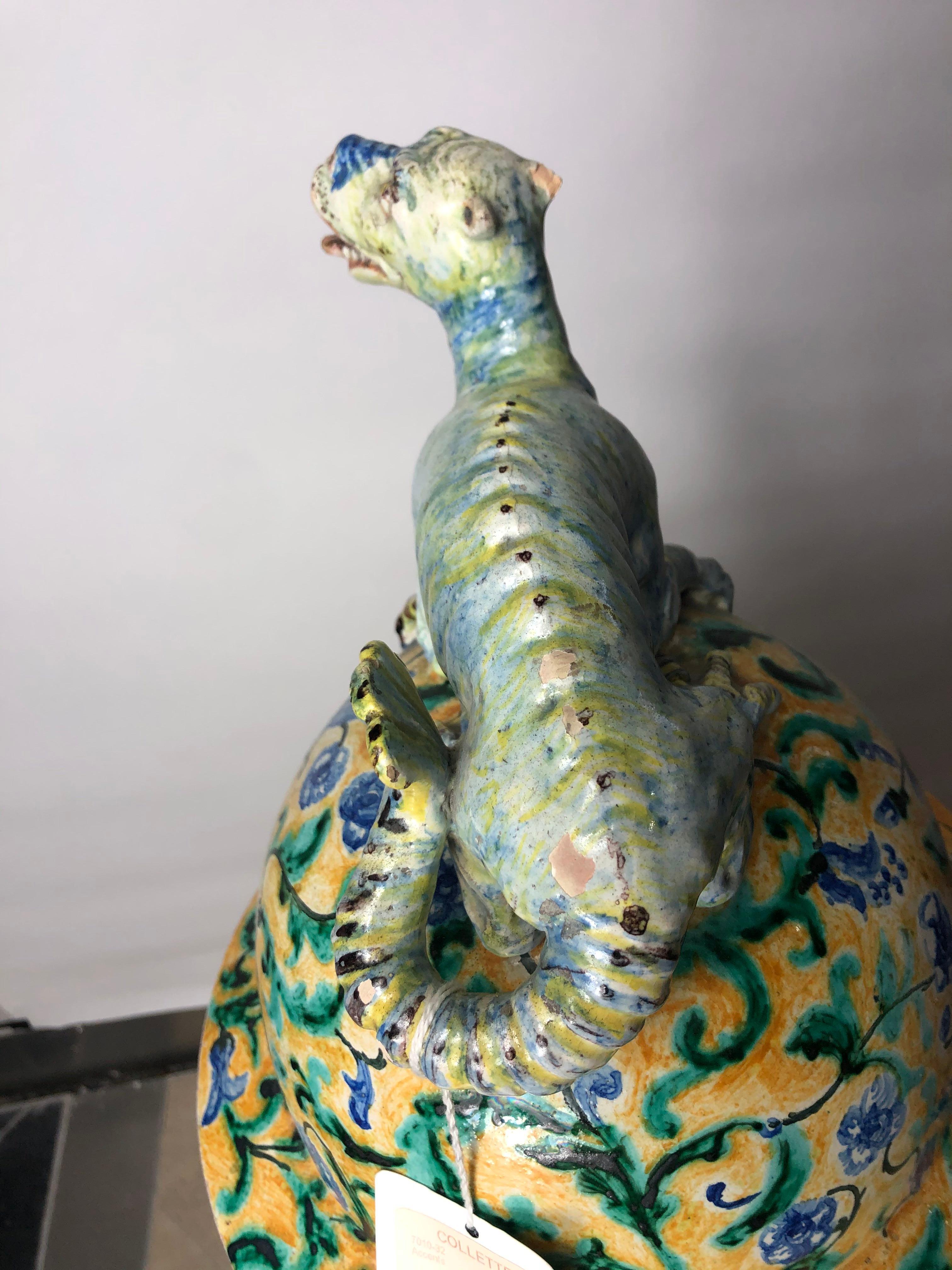 Antique Italian Majolica Urn with Mythical Dragon Figurine 1