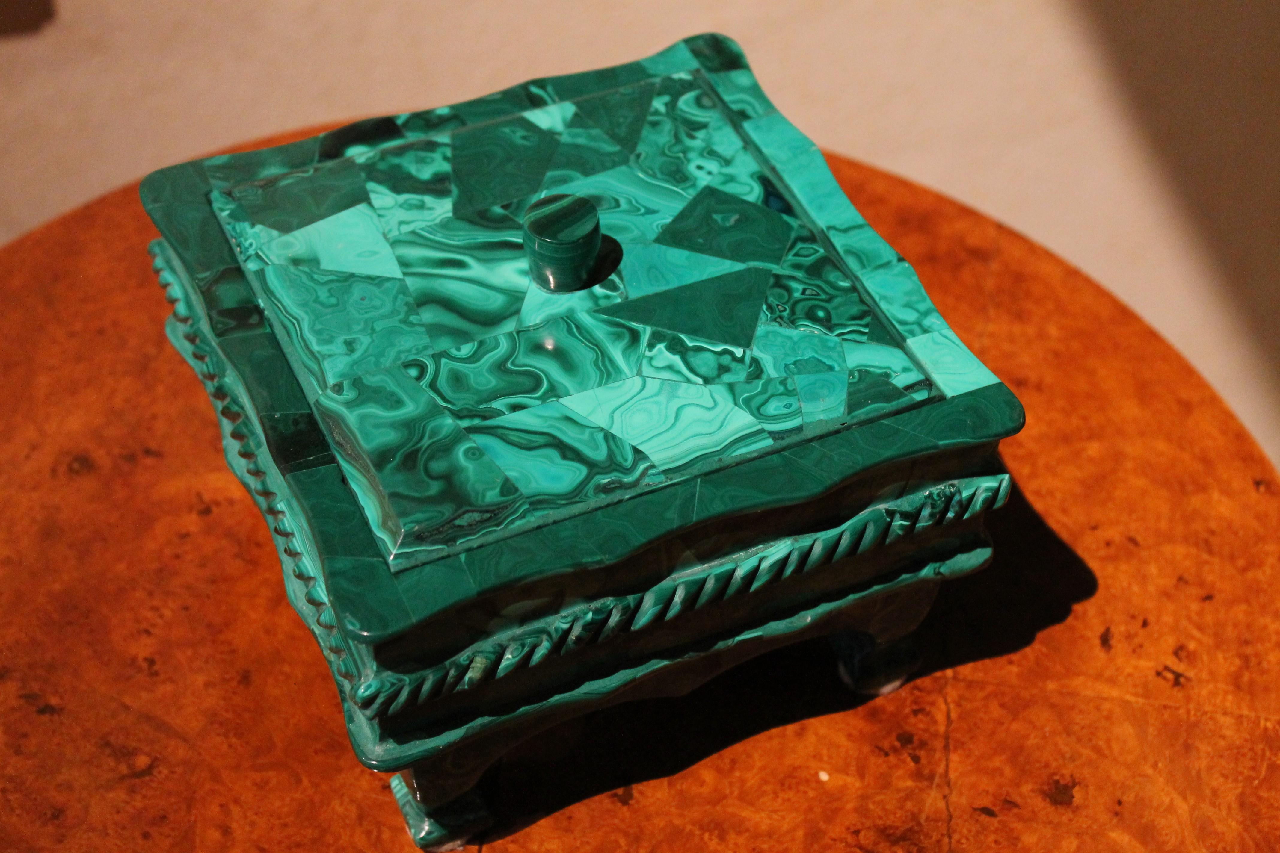 Art Nouveau Antique Italian Malachite Hard Stone Lidded Trinket Box or Jewelry Casket 