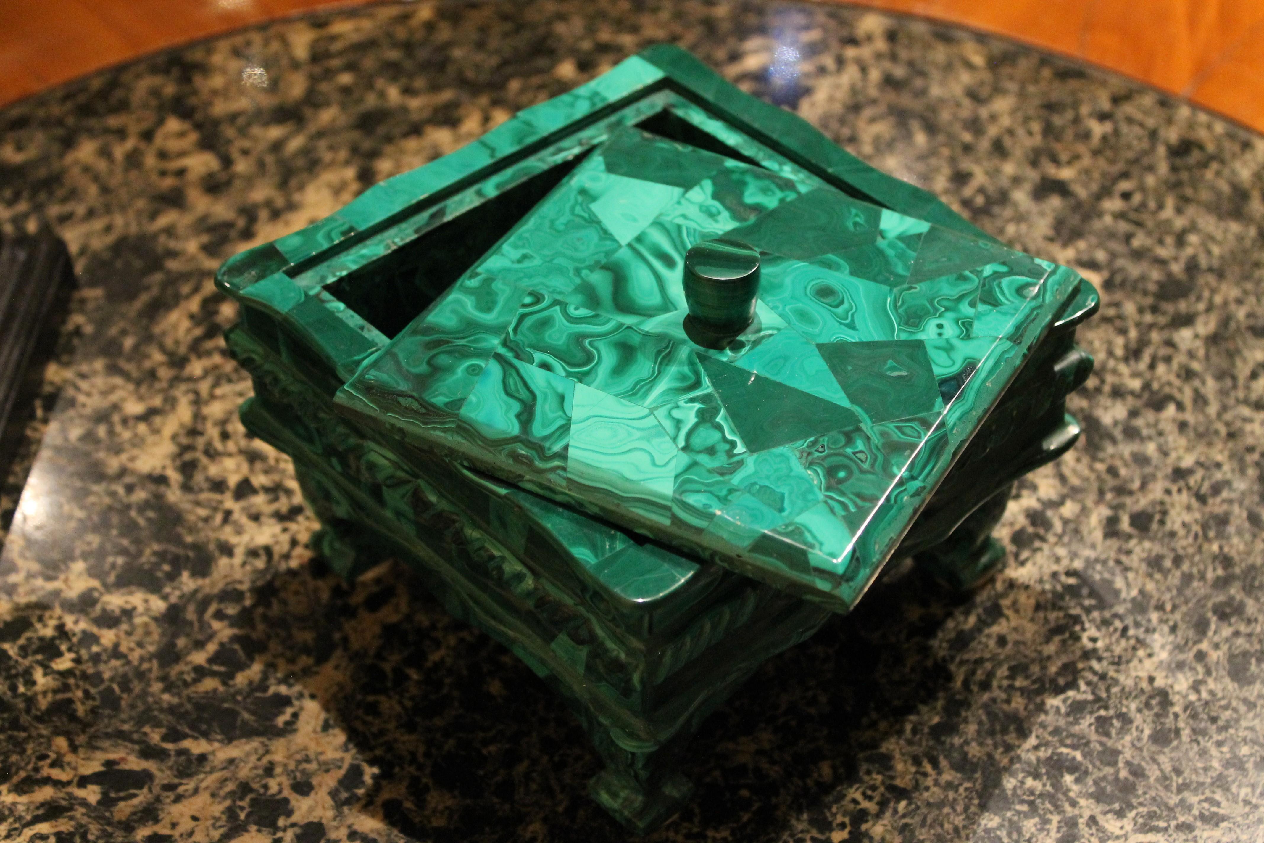 Antique Italian Malachite Hard Stone Lidded Trinket Box or Jewelry Casket  2