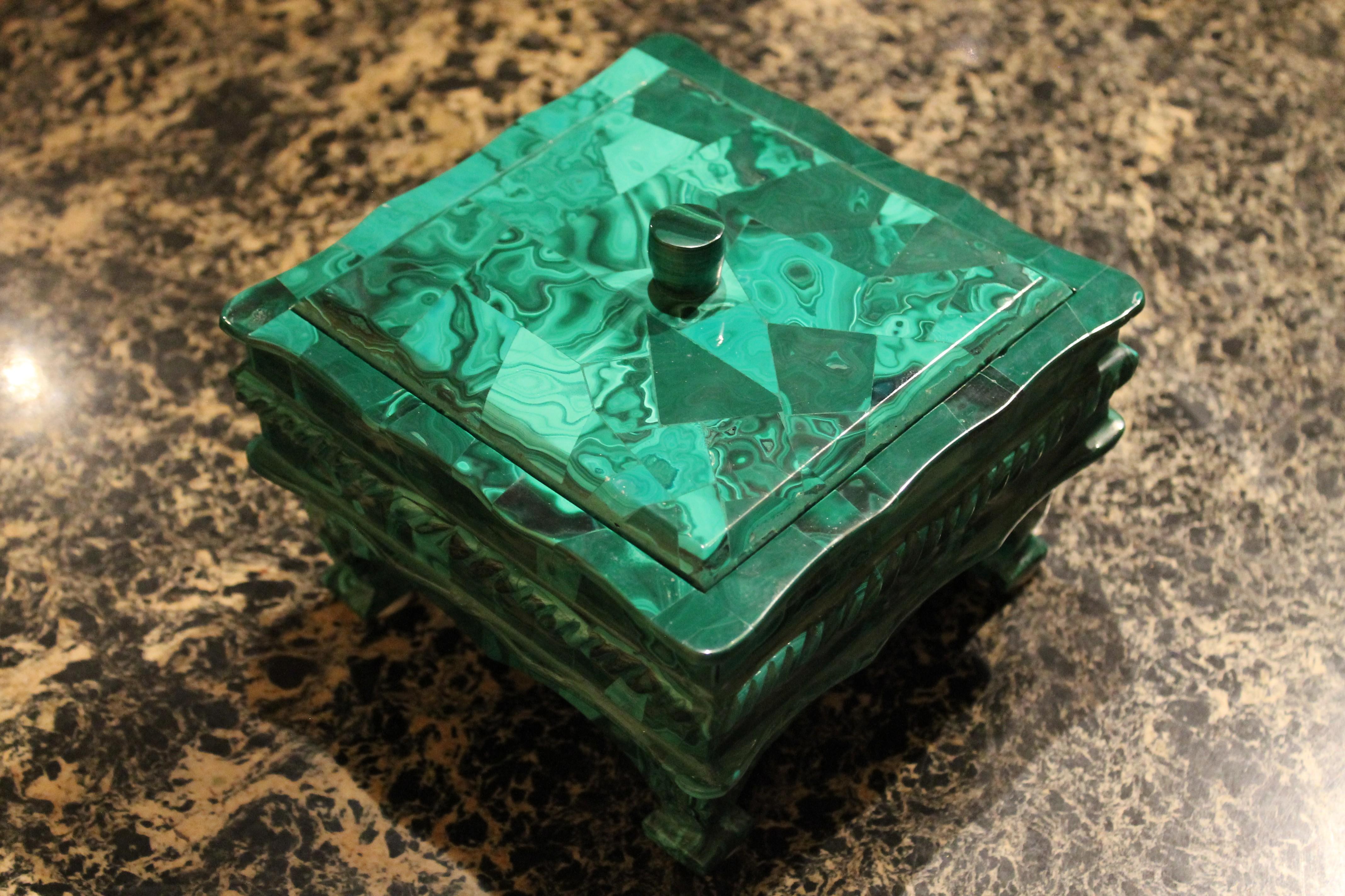 Antique Italian Malachite Hard Stone Lidded Trinket Box or Jewelry Casket  3