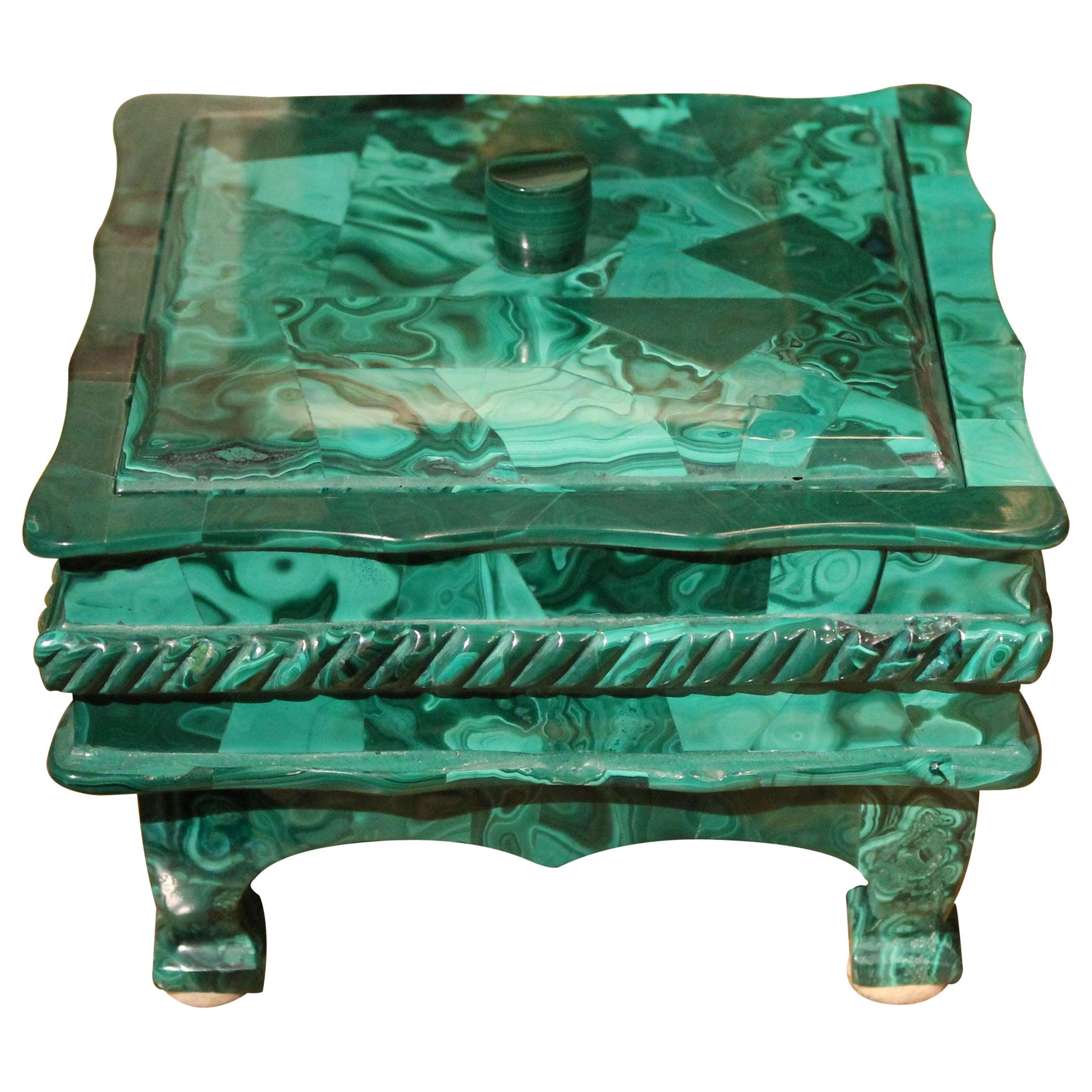 Antique Italian Malachite Hard Stone Lidded Trinket Box or Jewelry Casket 