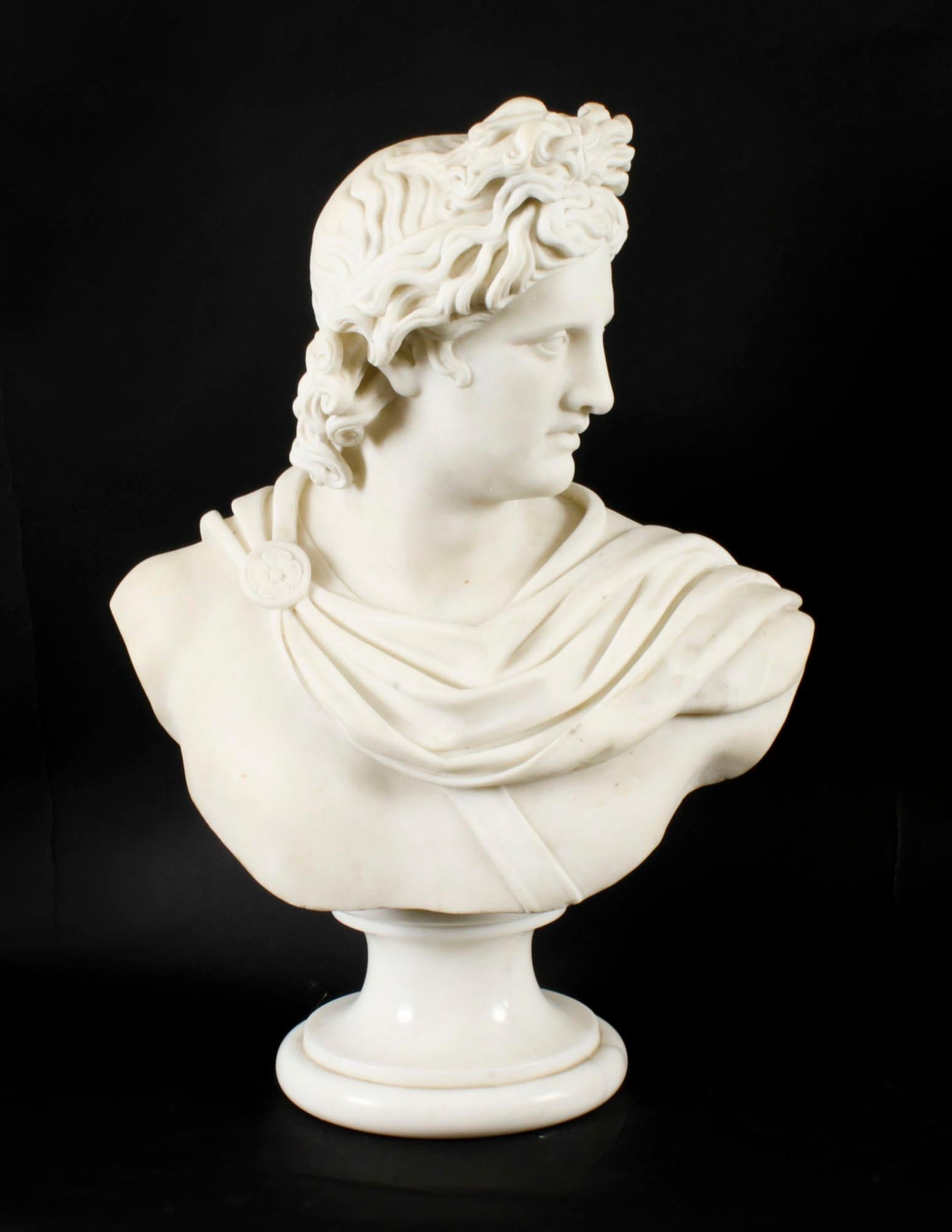 A beautifully sculpted Italian marble bust of the famous Greek god Apollo of Belvedere, on a socle stand, circa 1870 in date.

This beautifully carved Carrara marble bust was created in Italy during the 19th Century. The bust is after the 