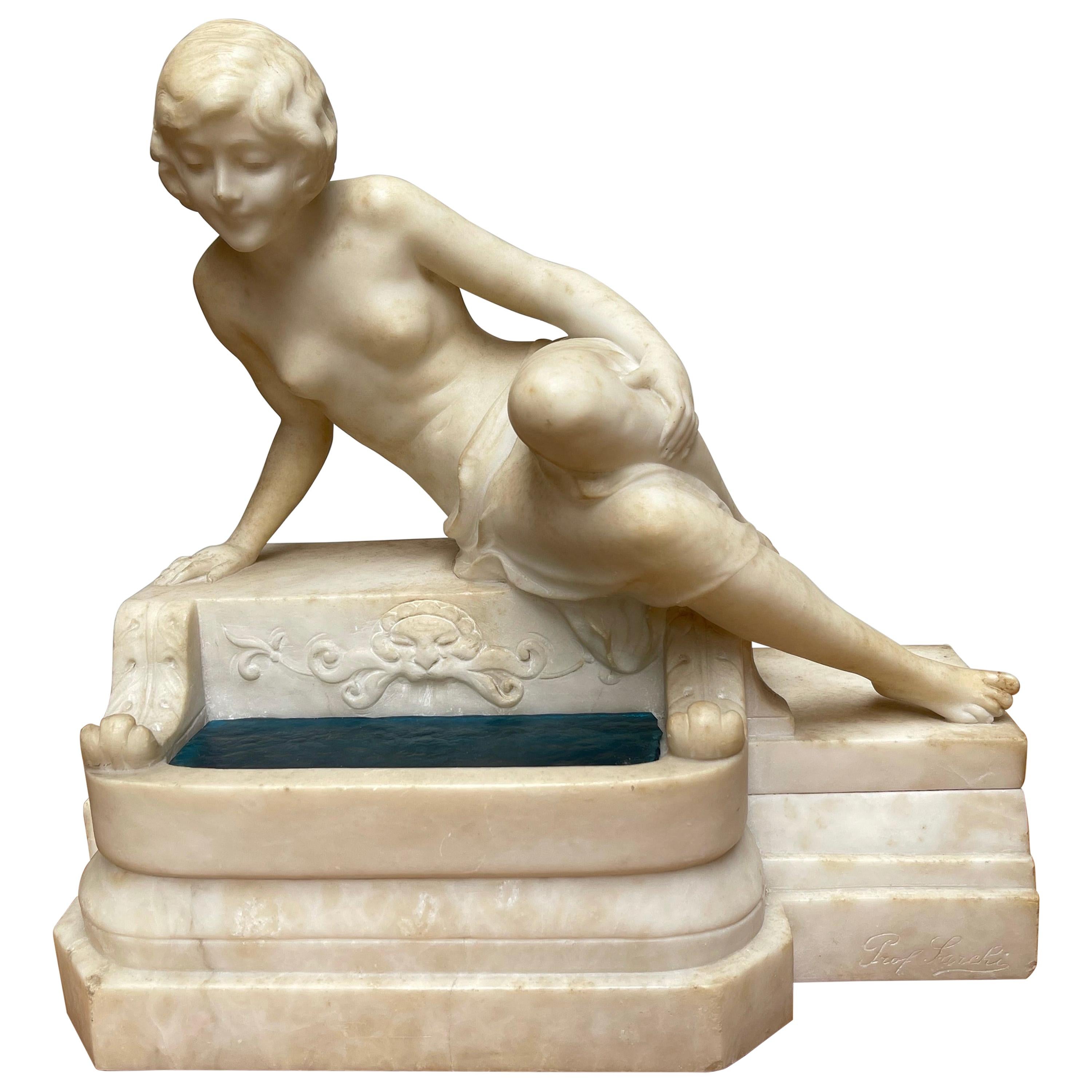 Antique Italian Marble Figure of a Female Nude by Emilio P. Fiaschi Table Lamp 