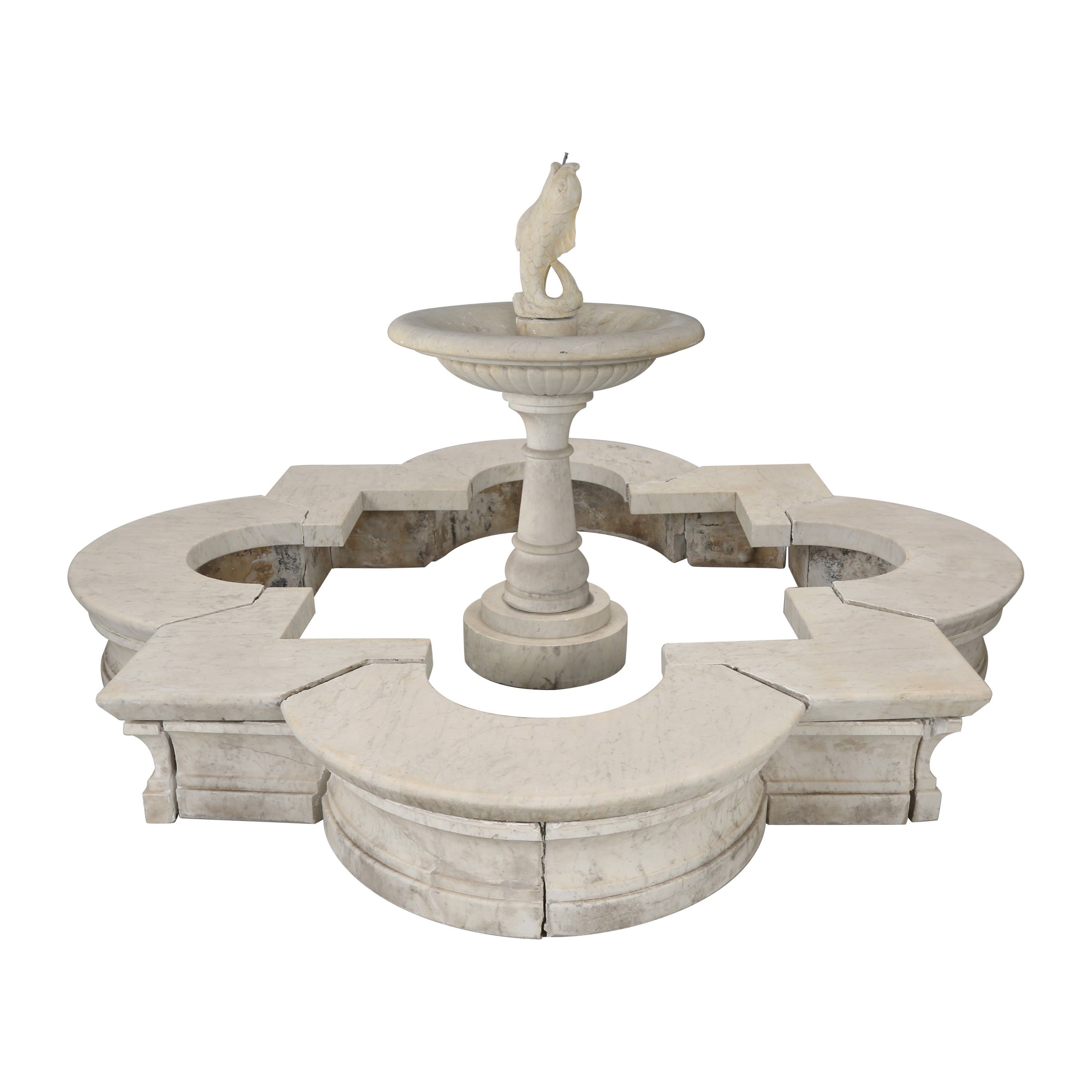 Antique Italian Marble Fountain Quatrefoil Basin Carved Marble Fish Spout c 1920