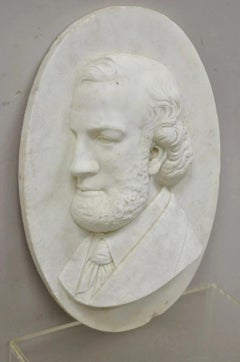 Antique Italian Marble Relief Carved 20" Oval Renaissance Bearded Gentleman Bust