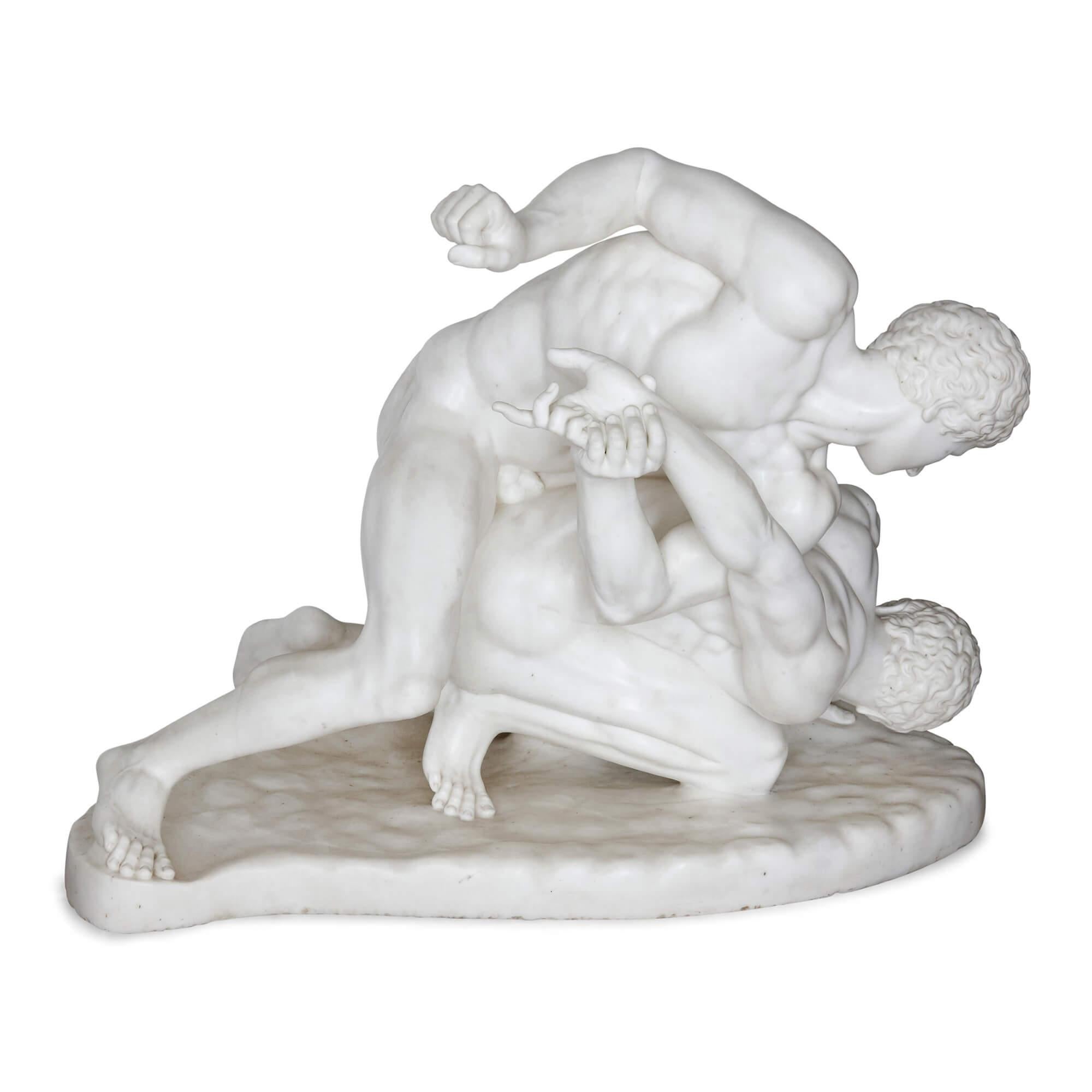 Antique Italian marble sculpture after Roman original of the Wrestlers
Italian, late 19th century
Measures: Height 94cm, width 124cm, depth 68cm

This fine sculpture is carved from a single piece is lustrous white marble. The sculpture depicts