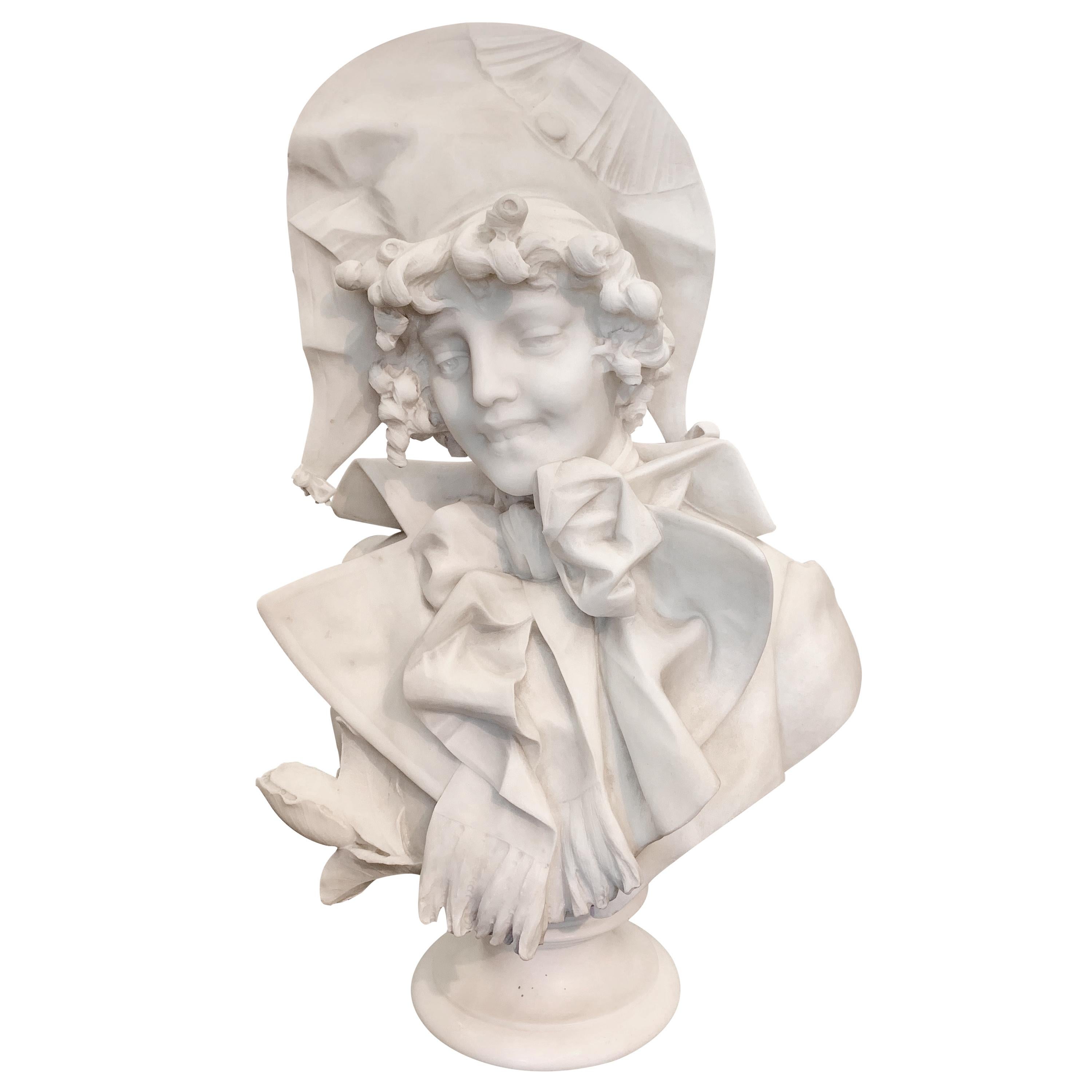 Antique Italian marble sculpture of a smiling lady by Ferdinando Vichi