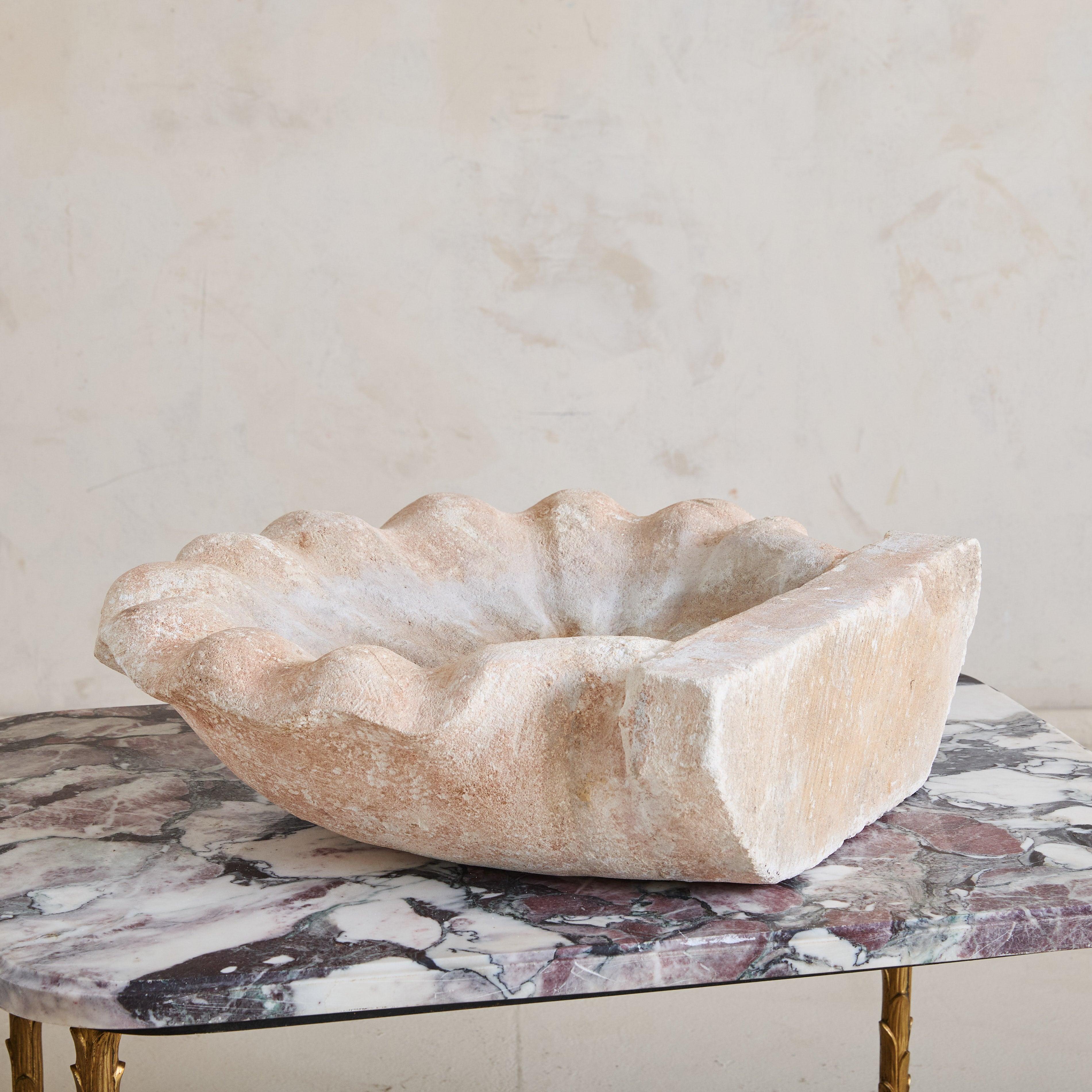 Hand-Carved Antique Italian Marble Shell Sink, Mid-19th Century For Sale
