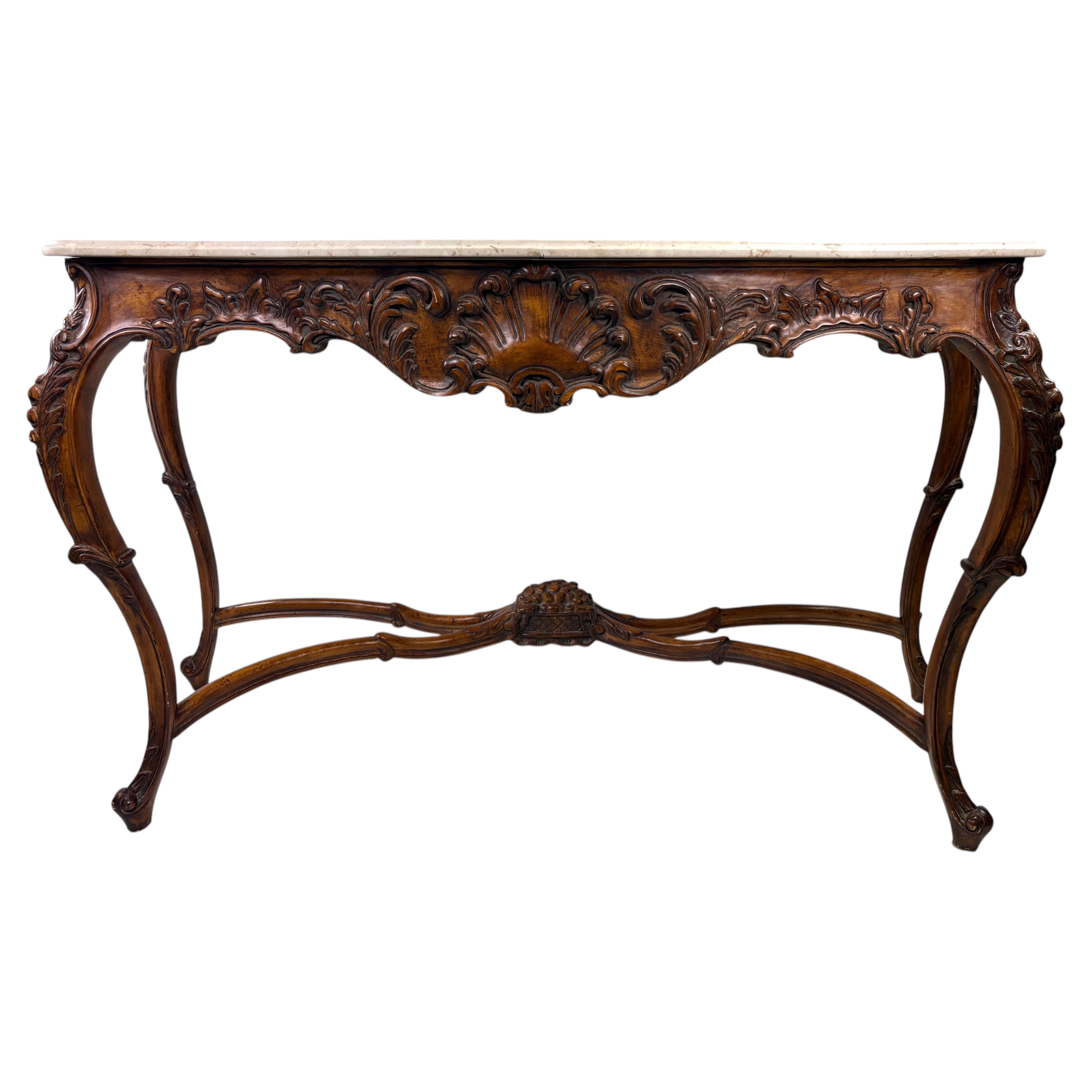 Antique Italian marble topped hand carved walnut console