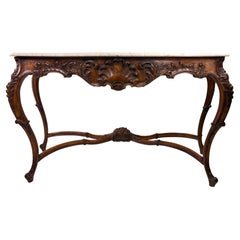 Antique Italian marble topped hand carved walnut console