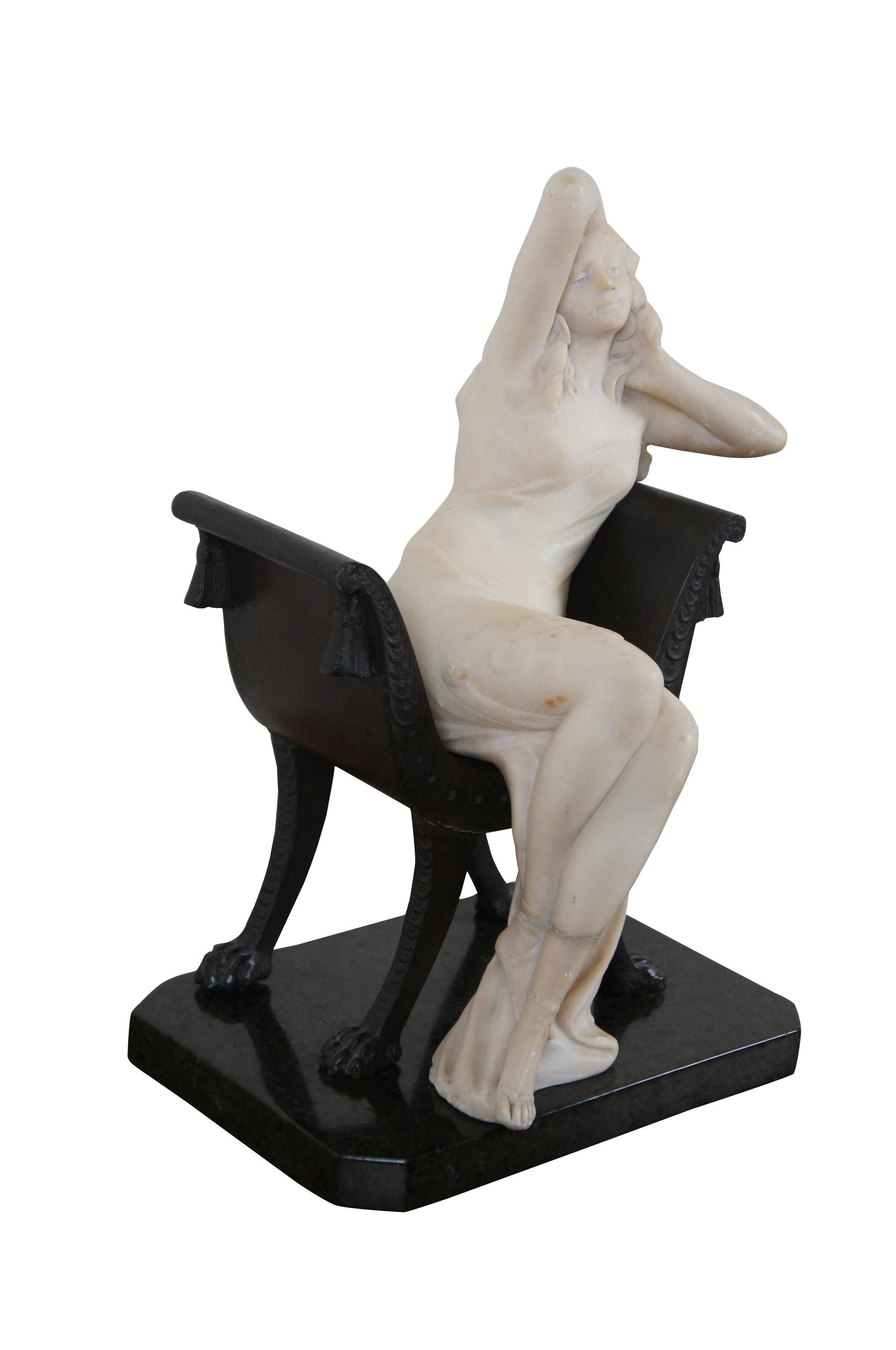 Neoclassical Revival Antique Italian Marble Woman in Bronze Chair Sculpture After Antonio Frilli 14