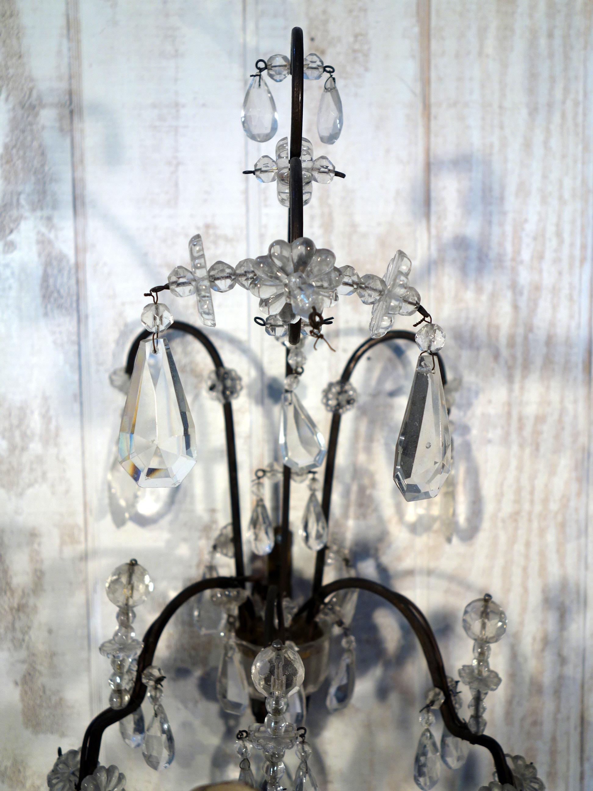 Iron Antique Italian Maria Theresa Baroque Style Cut Glass 3 Candle Sconce Pair, 1910 For Sale