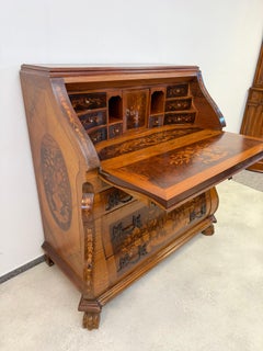 Antique Italian Marquetry Bureau Desk, Inlaid Secretary Cabinet