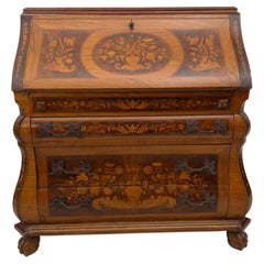 Antique Italian Marquetry Bureau Desk, Inlaid Secretary Cabinet