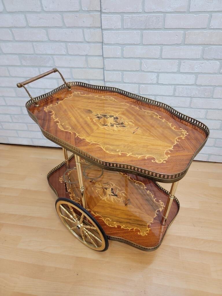 Victorian Antique Italian Marquetry Two-Tier, 3-Ring Bottle Holder Coffee / Bar Cart