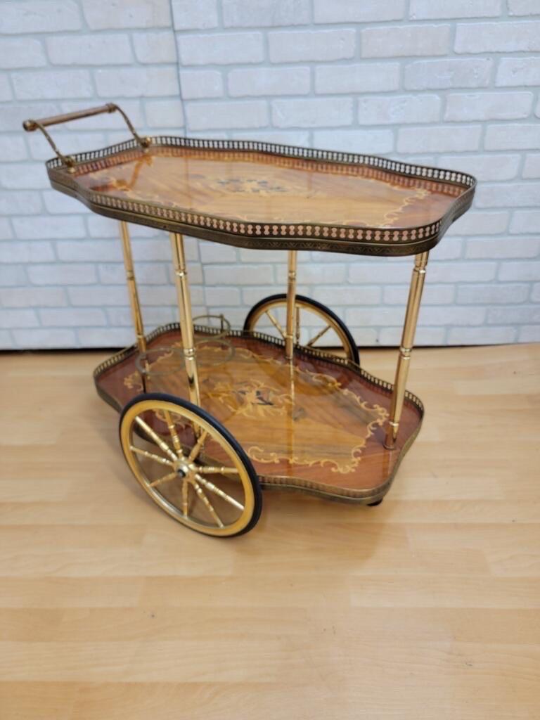 Unknown Antique Italian Marquetry Two-Tier, 3-Ring Bottle Holder Coffee / Bar Cart