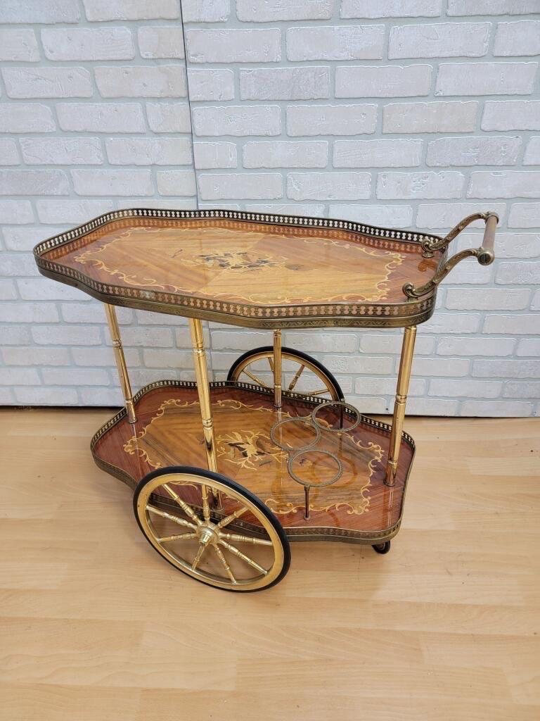 Antique Italian Marquetry Two-Tier, 3-Ring Bottle Holder Coffee / Bar Cart In Good Condition In Chicago, IL