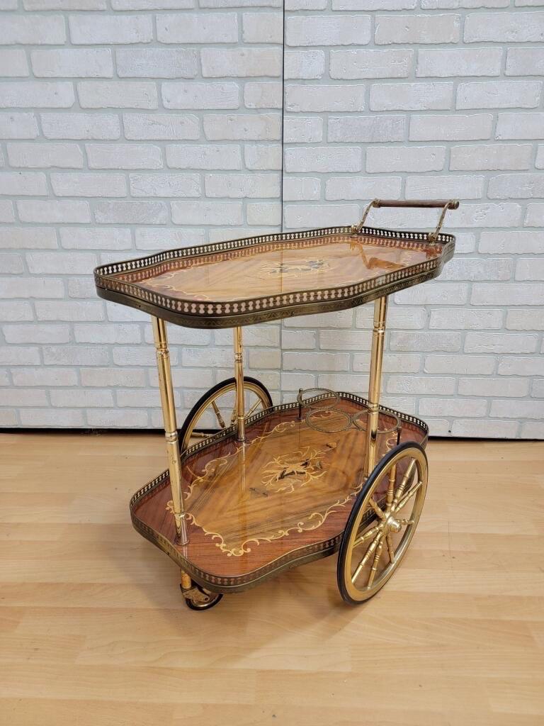 Mid-20th Century Antique Italian Marquetry Two-Tier, 3-Ring Bottle Holder Coffee / Bar Cart