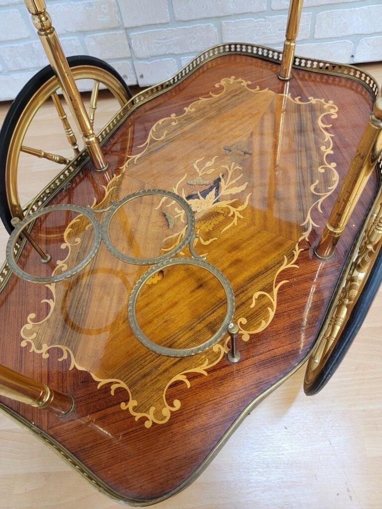 Metal Antique Italian Marquetry Two-Tier, 3-Ring Bottle Holder Coffee / Bar Cart