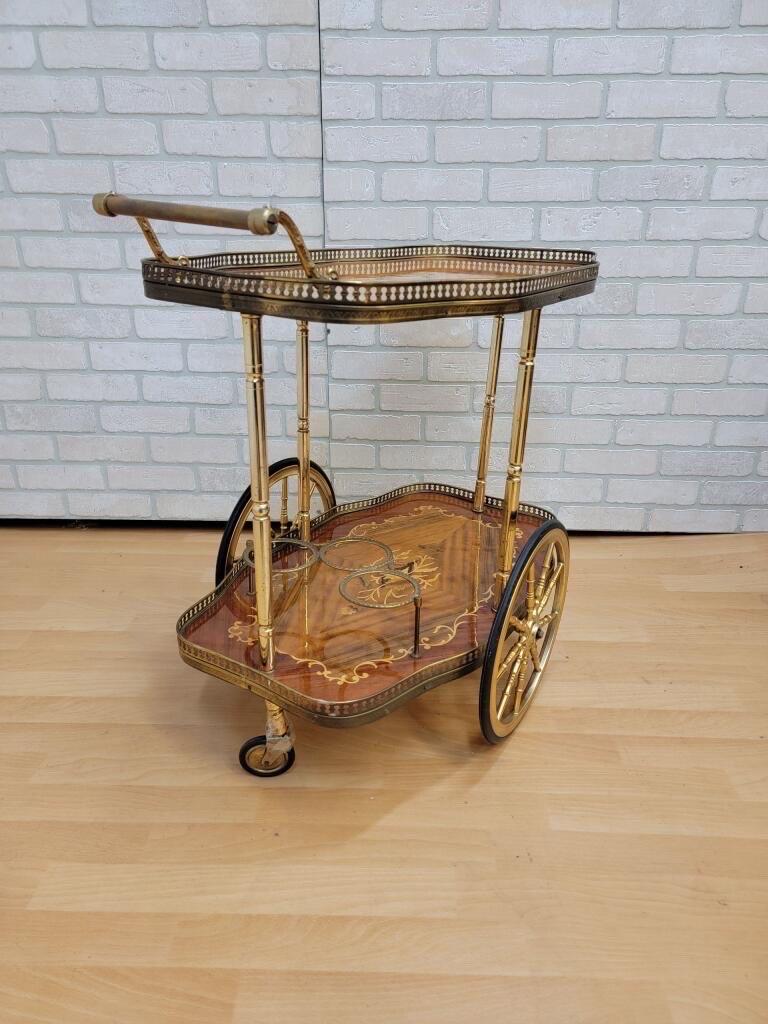 Antique Italian Marquetry Two-Tier, 3-Ring Bottle Holder Coffee / Bar Cart 1