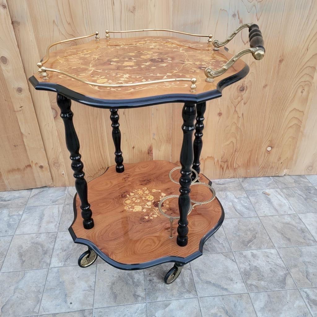 Hand-Crafted Antique Italian Marquetry Two-Tier Coffee / Bar Cart For Sale