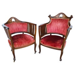 Antique Italian Matching Mahogany His Her Armchairs, Set of 2