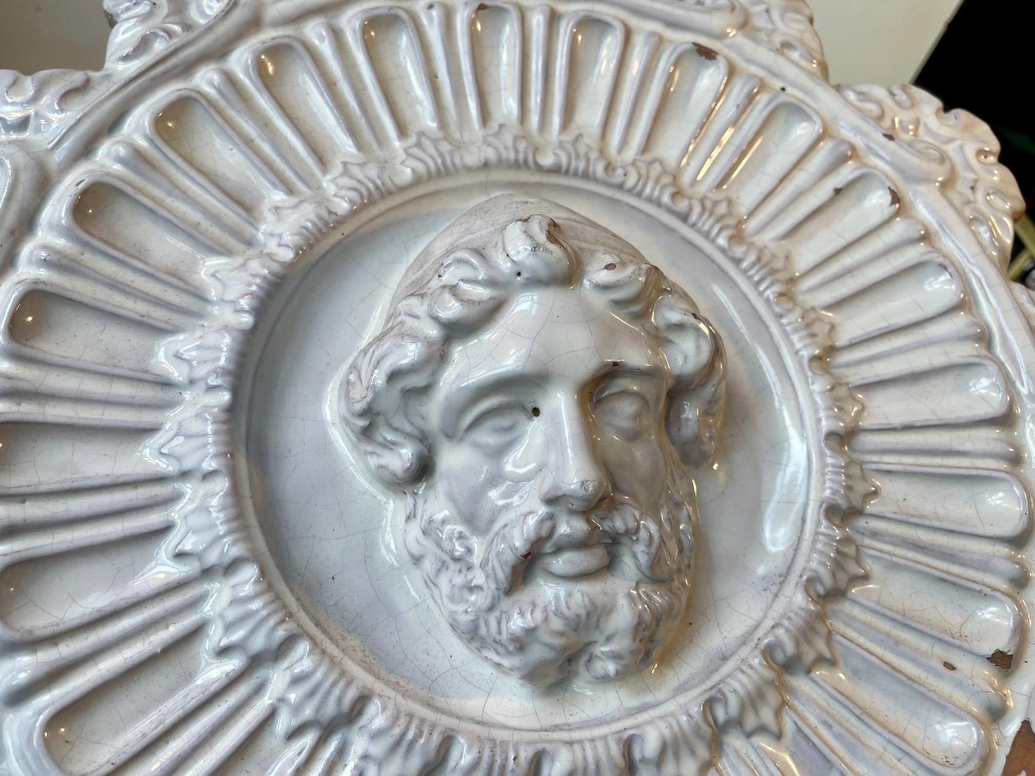 Victorian Antique Italian Medallion Ornament in Glazed Terracotta, 19th Century For Sale