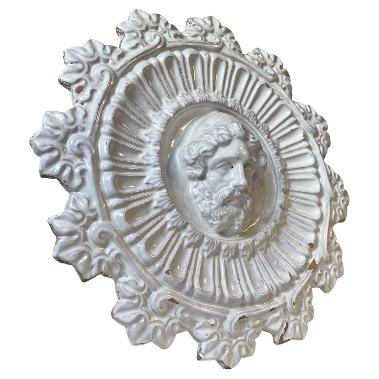 Antique Italian Medallion Ornament in Glazed Terracotta, 19th Century For Sale