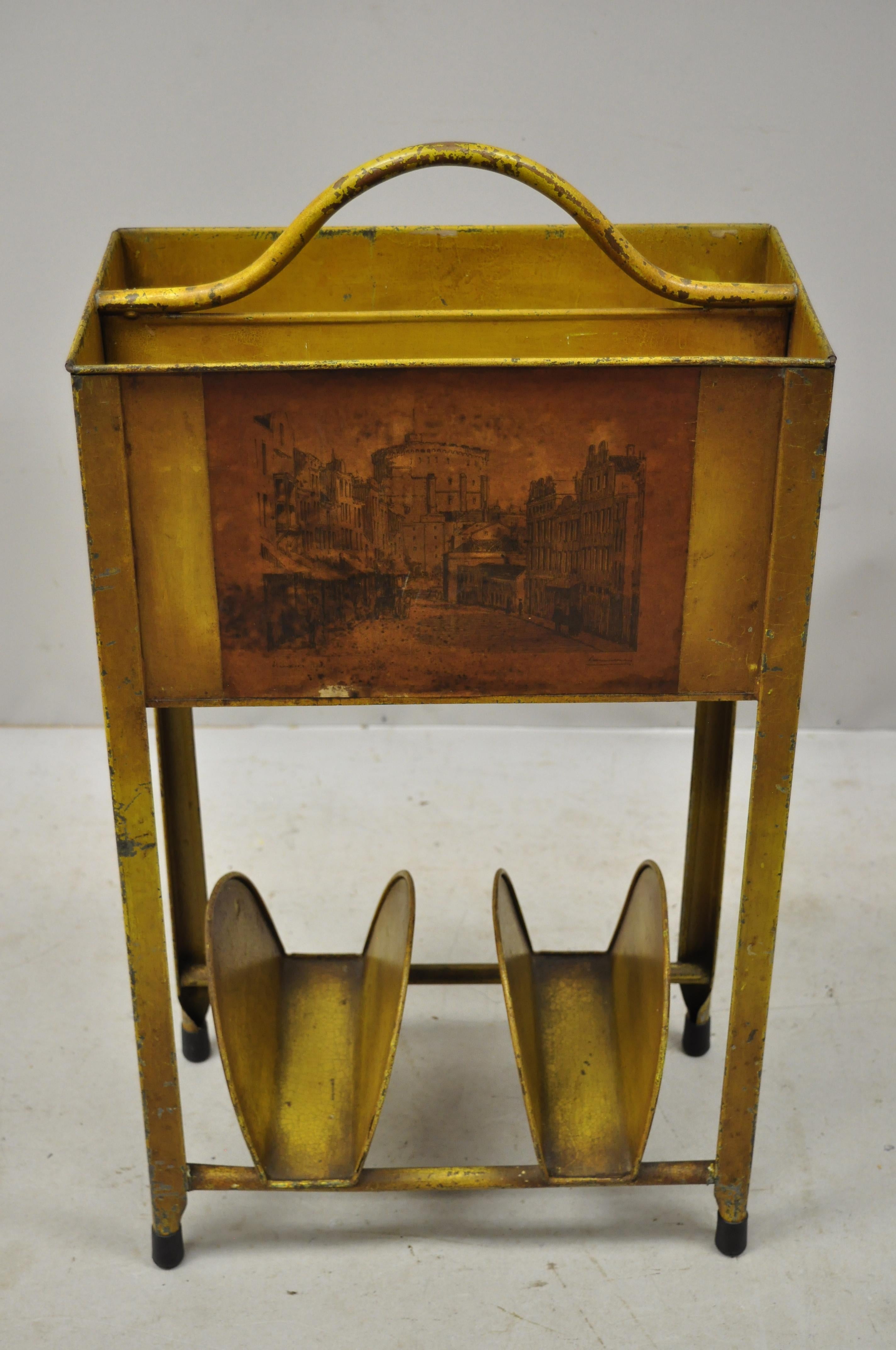 Antique Italian Metal Yellow Toleware Magazine Rack Stand Envelope Letter Shelf For Sale 6