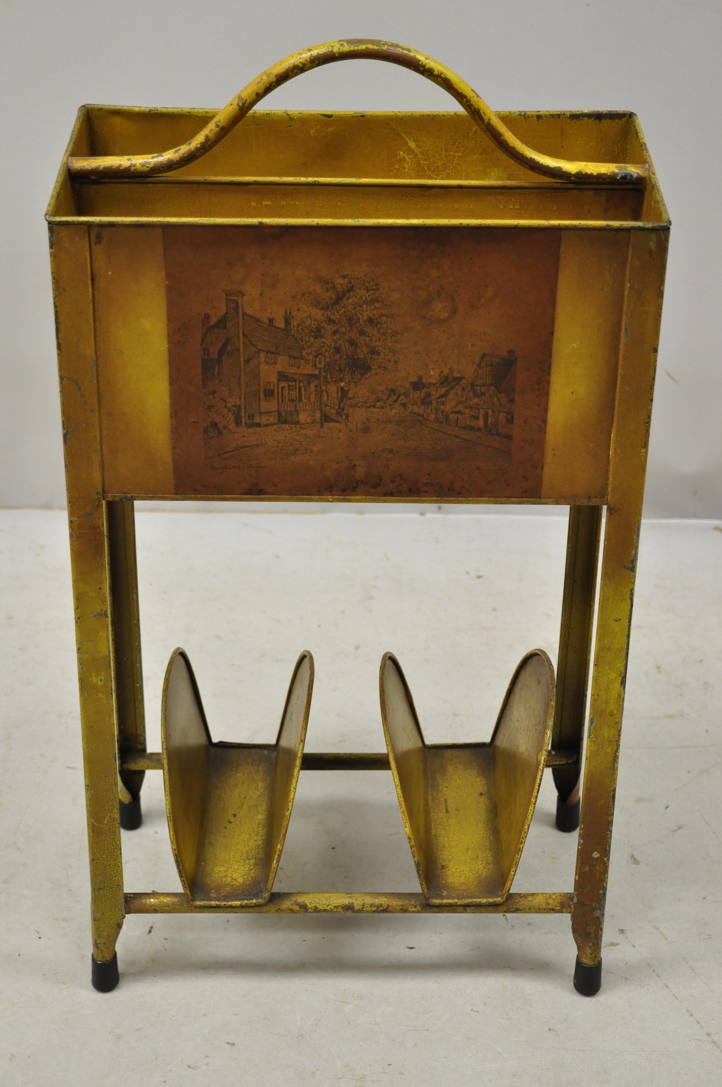 Antique Italian metal yellow toleware magazine rack stand envelope letter shelf. Item features lower envelope slots, unique scenes to both sides, metal frame, circa early-mid-20th century. Measurements: 27.5