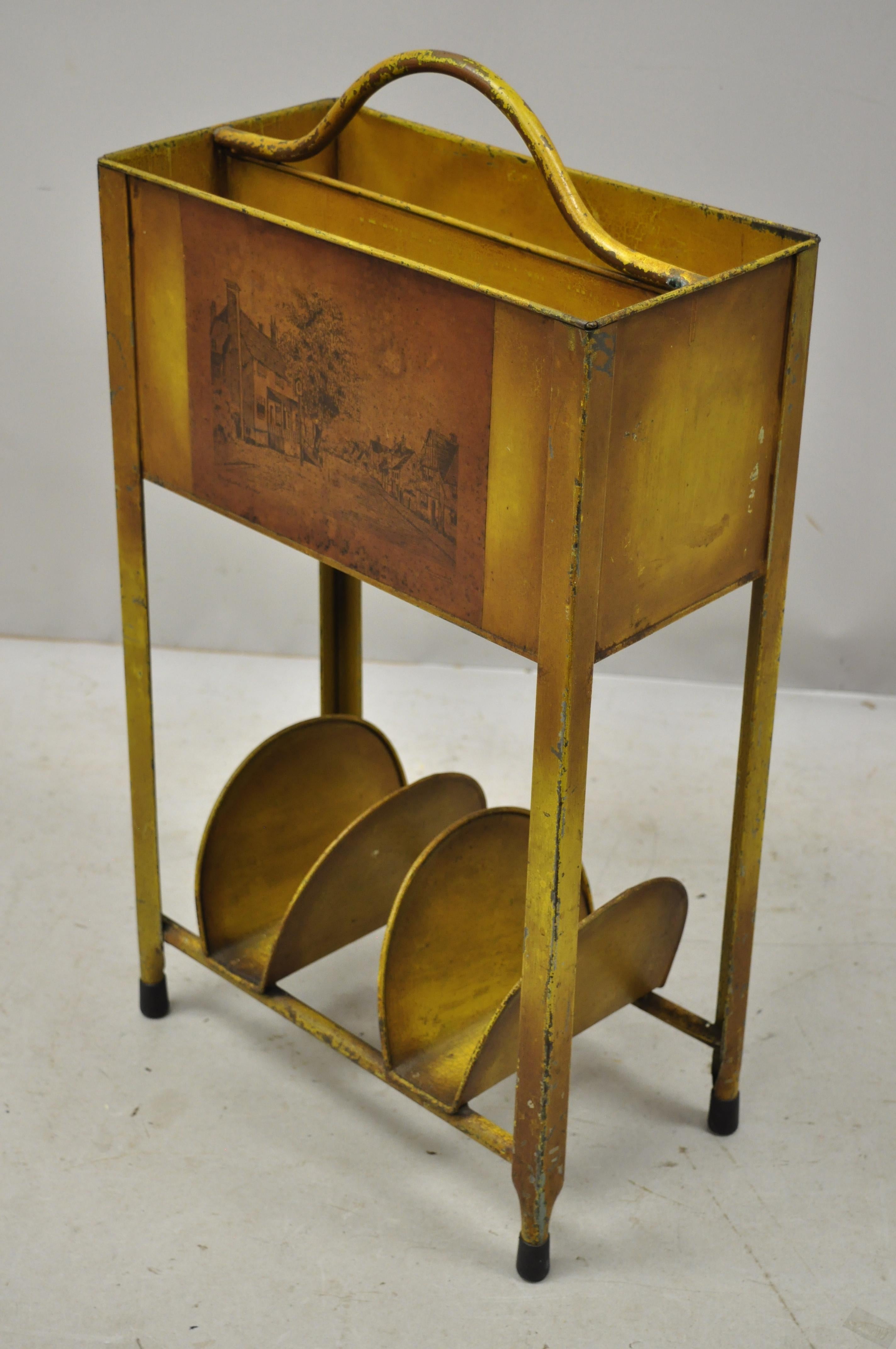 Antique Italian Metal Yellow Toleware Magazine Rack Stand Envelope Letter Shelf For Sale 2