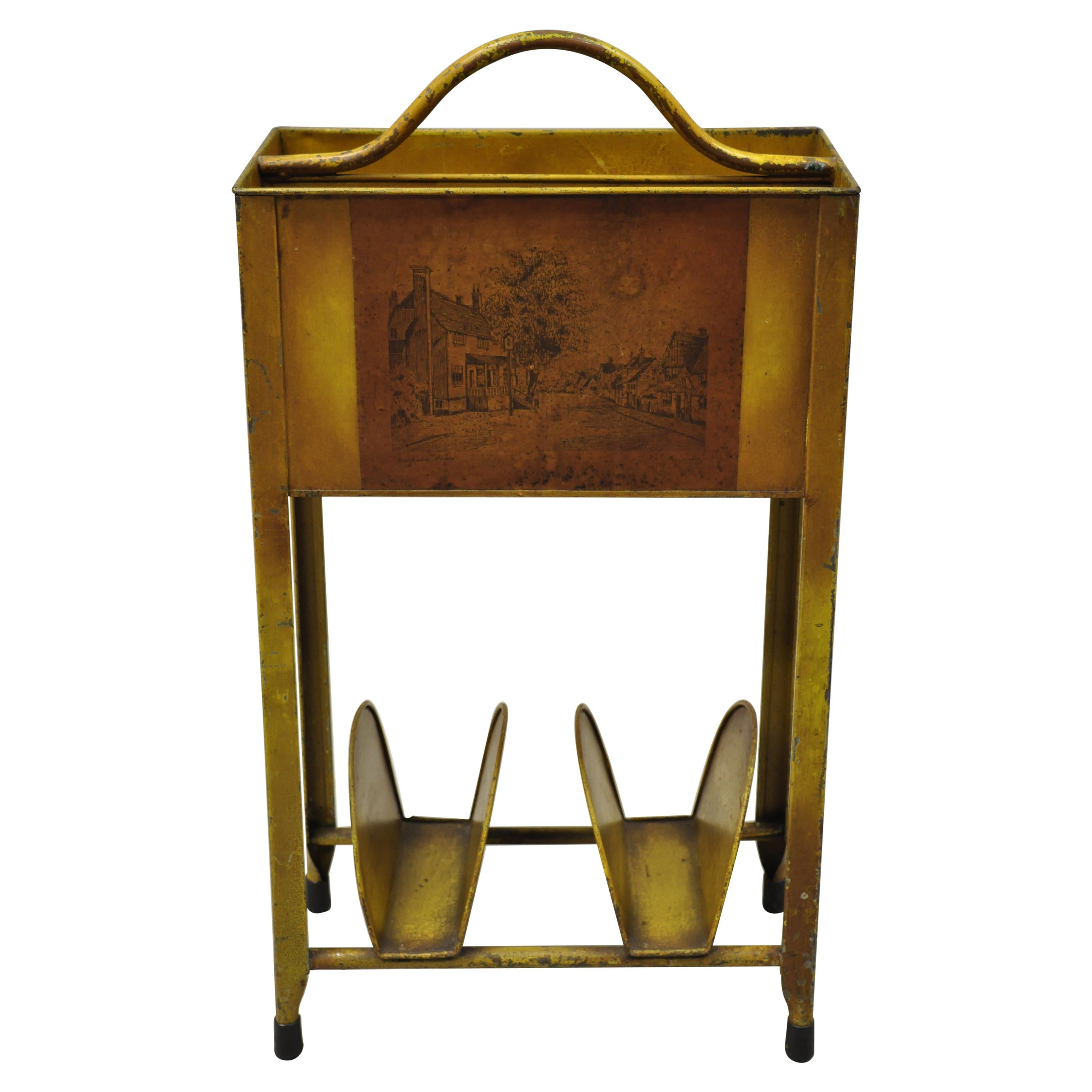 Antique Italian Metal Yellow Toleware Magazine Rack Stand Envelope Letter Shelf For Sale