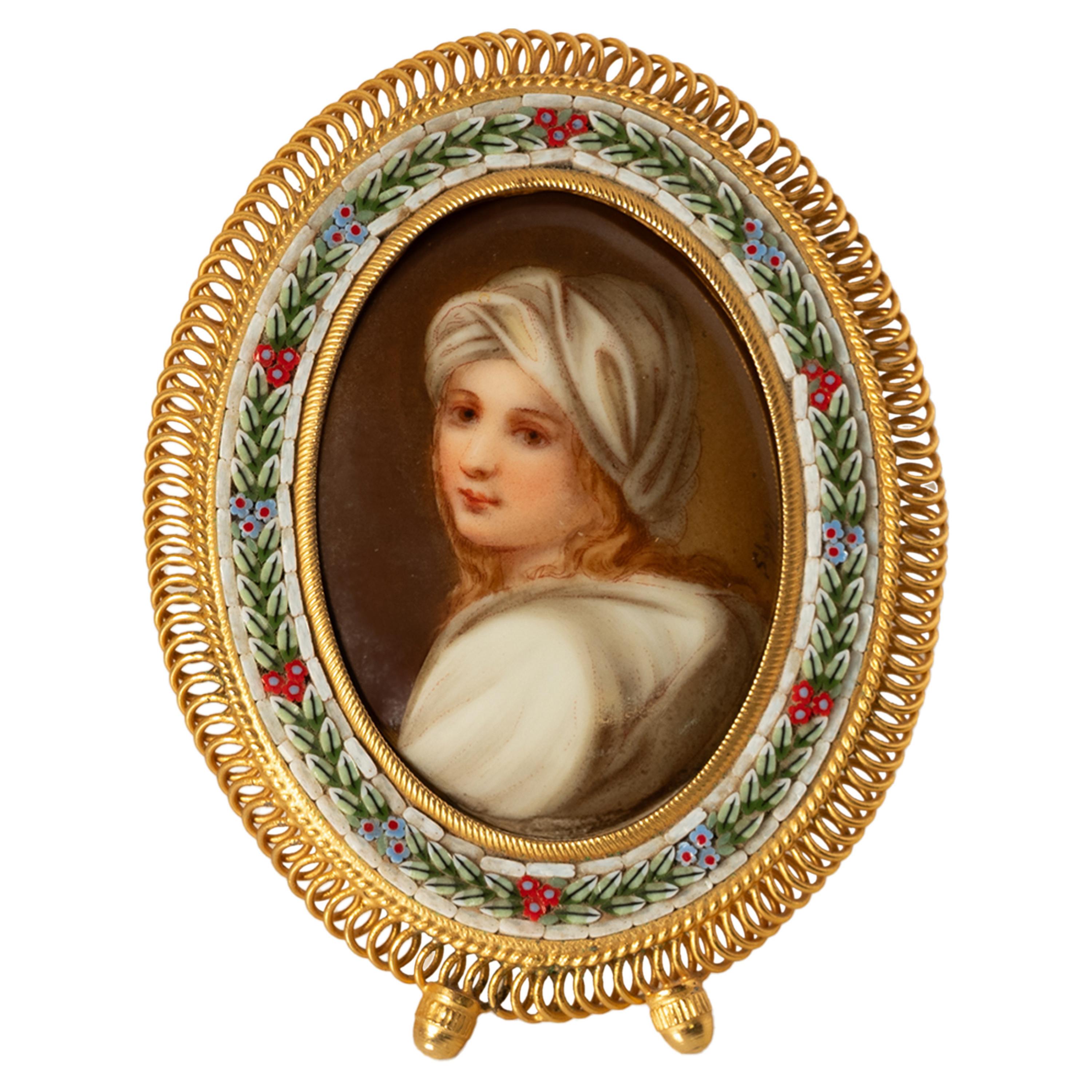 Ancienne Micro Mosaïque Italienne Miniature Portrait Peinture Porcelaine Guido Reni en vente 5