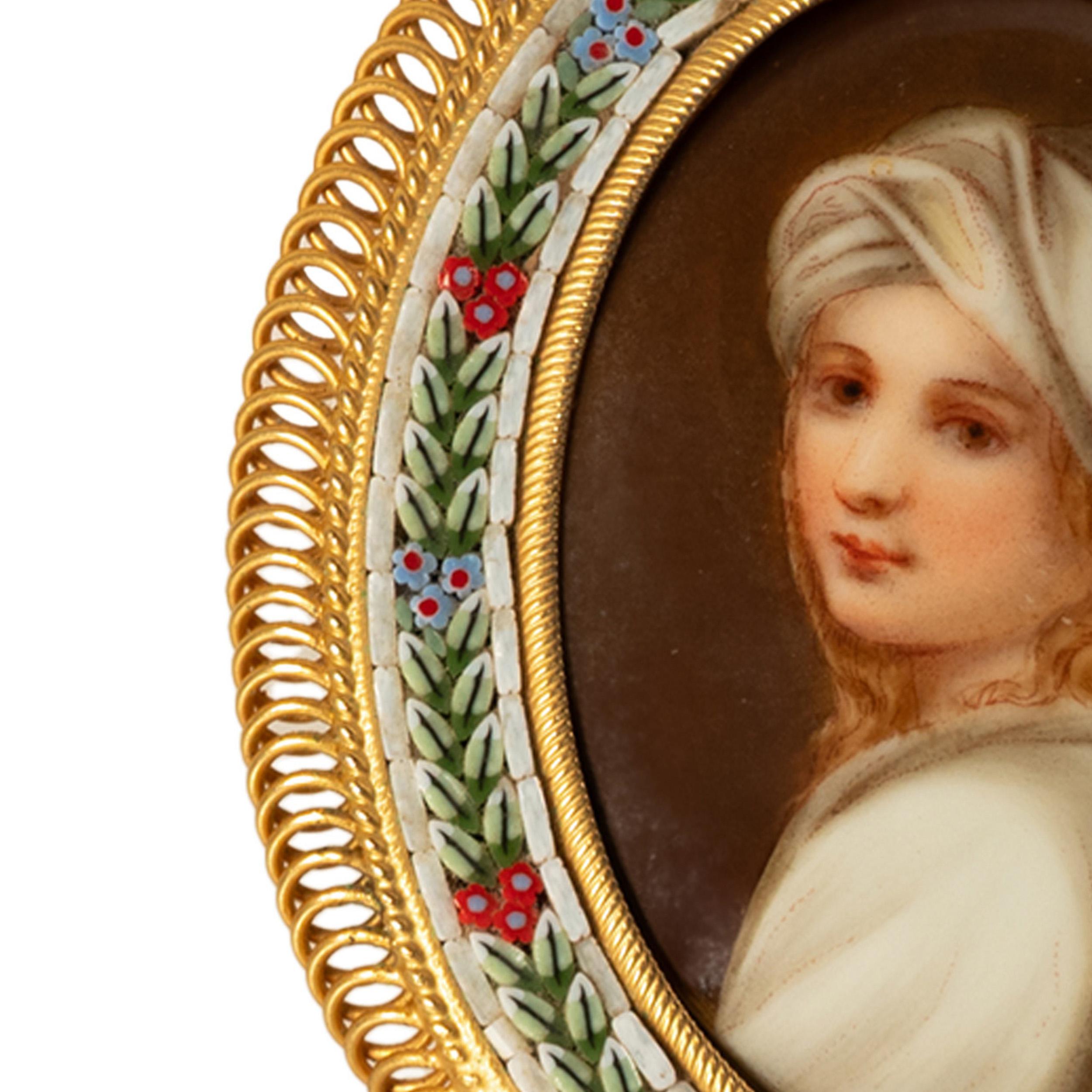 Ancienne Micro Mosaïque Italienne Miniature Portrait Peinture Porcelaine Guido Reni en vente 7