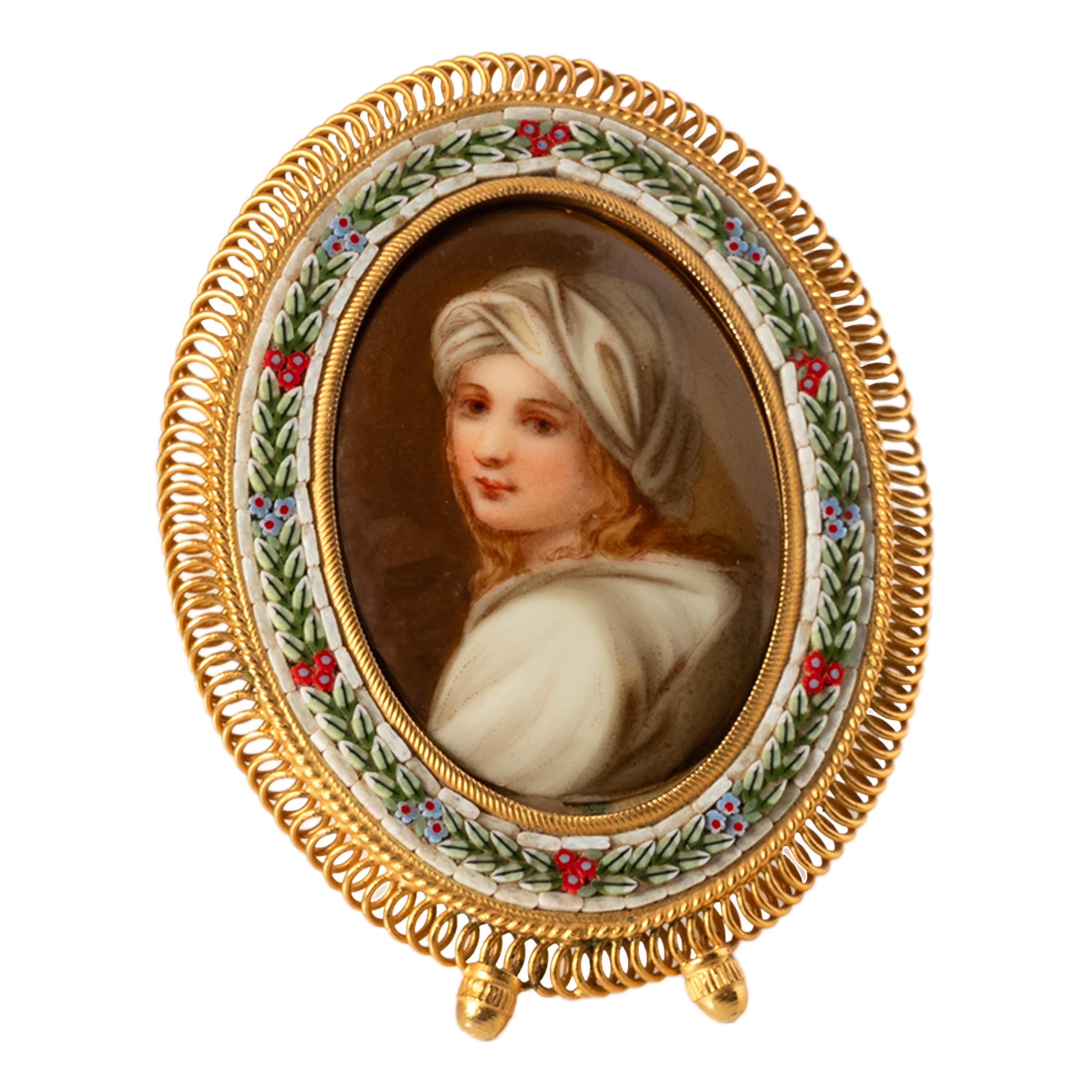 Grand Tour Ancienne Micro Mosaïque Italienne Miniature Portrait Peinture Porcelaine Guido Reni en vente
