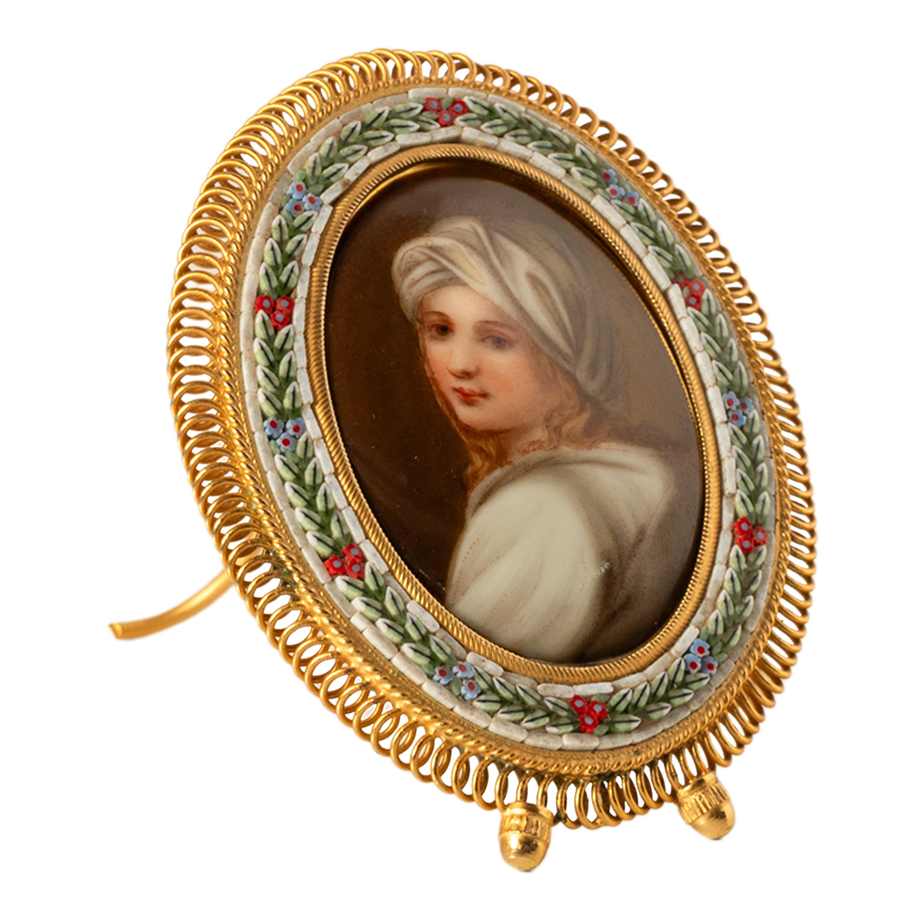 italien Ancienne Micro Mosaïque Italienne Miniature Portrait Peinture Porcelaine Guido Reni en vente
