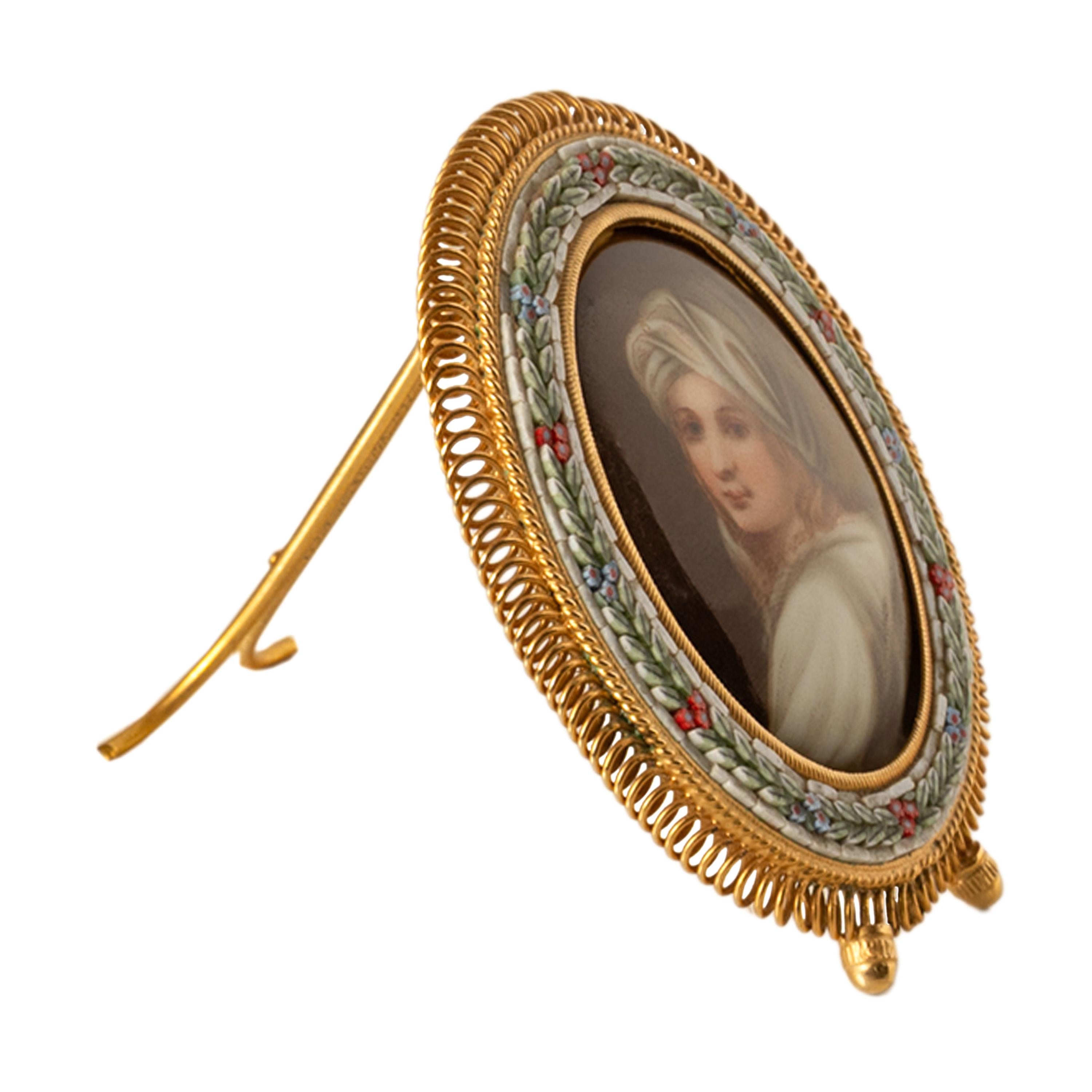 Doré Ancienne Micro Mosaïque Italienne Miniature Portrait Peinture Porcelaine Guido Reni en vente