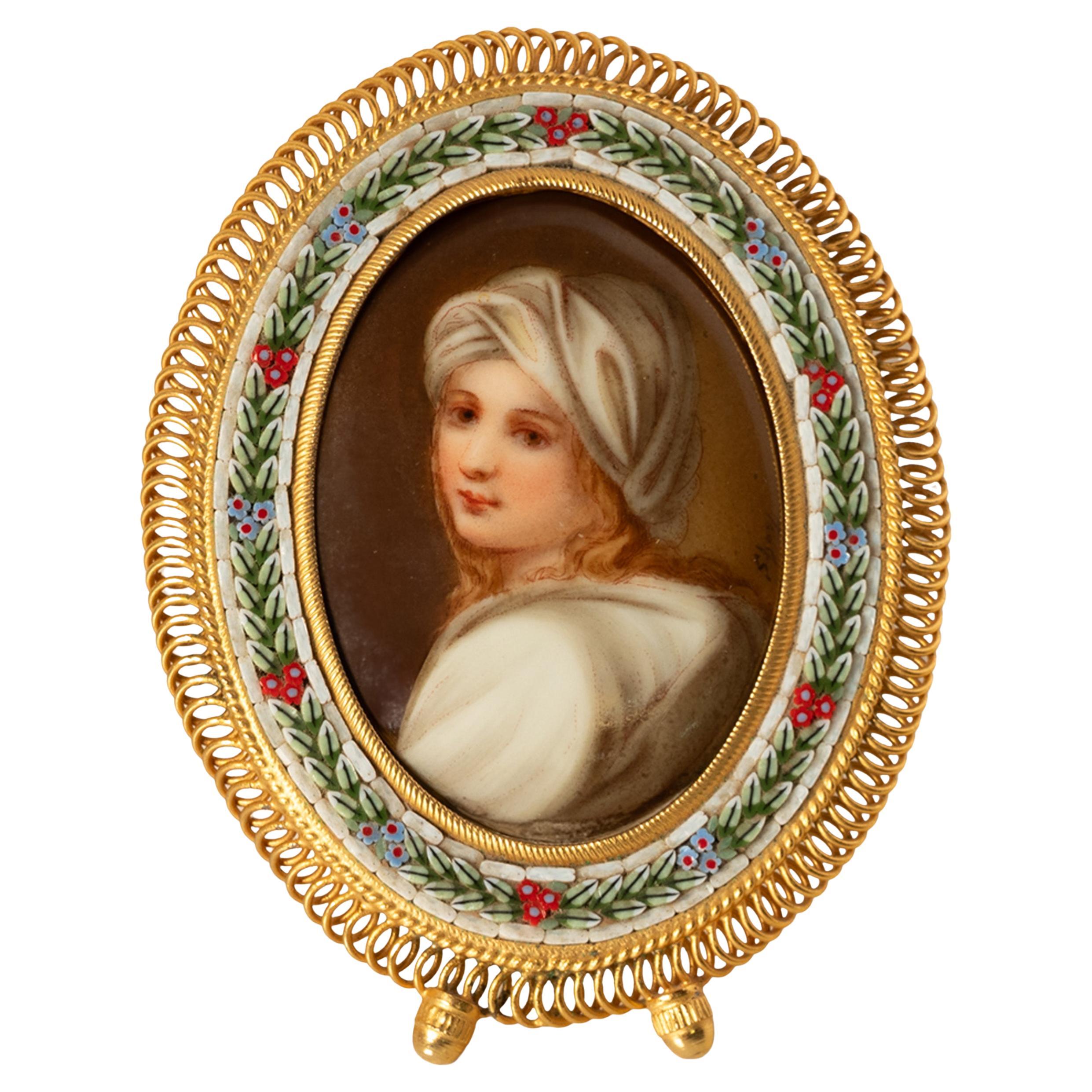 Ancienne Micro Mosaïque Italienne Miniature Portrait Peinture Porcelaine Guido Reni en vente