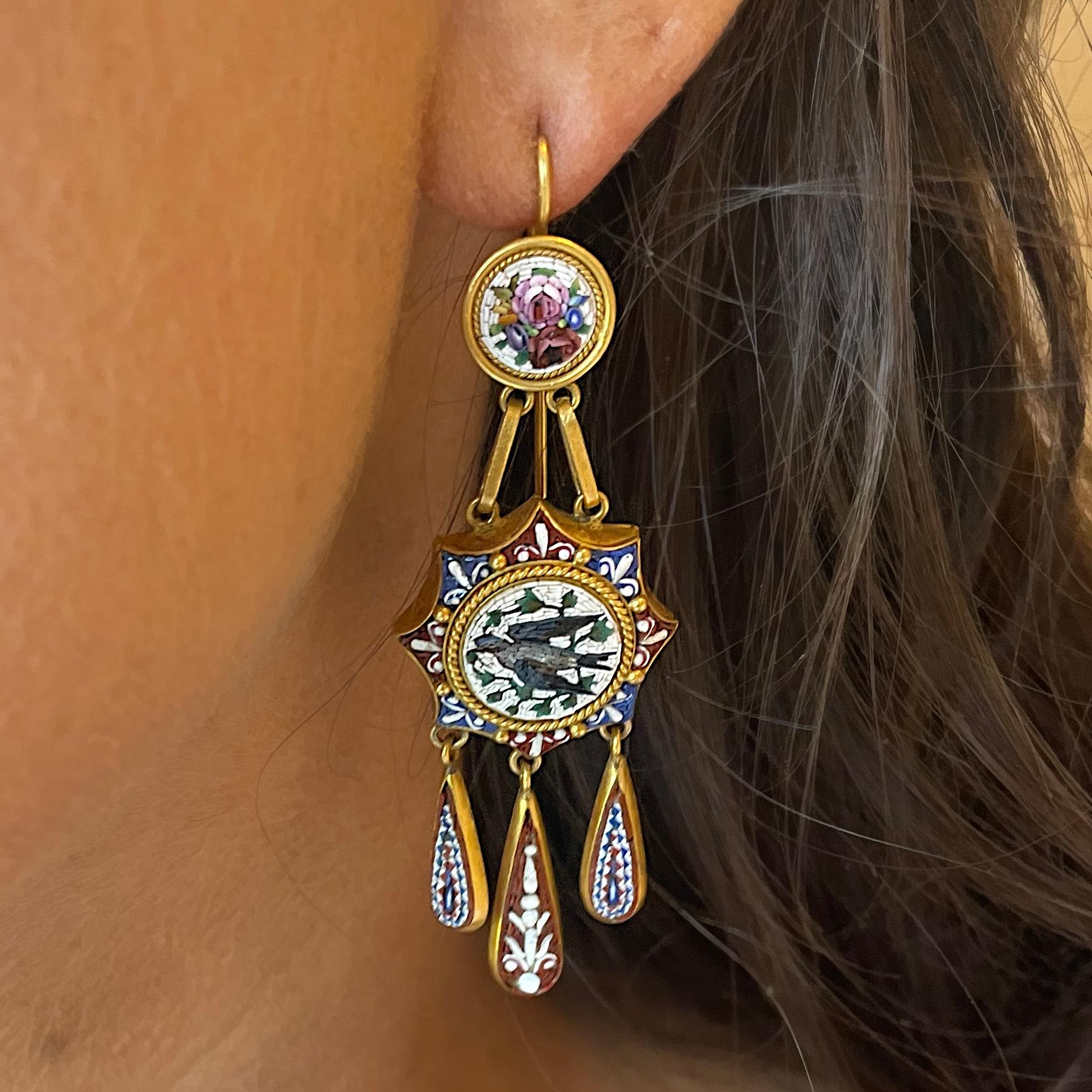 Antique Italian Micromosaic and Gold Earrings, Circa 1870 In Good Condition In London, GB
