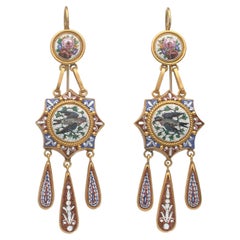 Boucles d'oreilles italiennes anciennes en or et micro-mosaïque, c. 1870