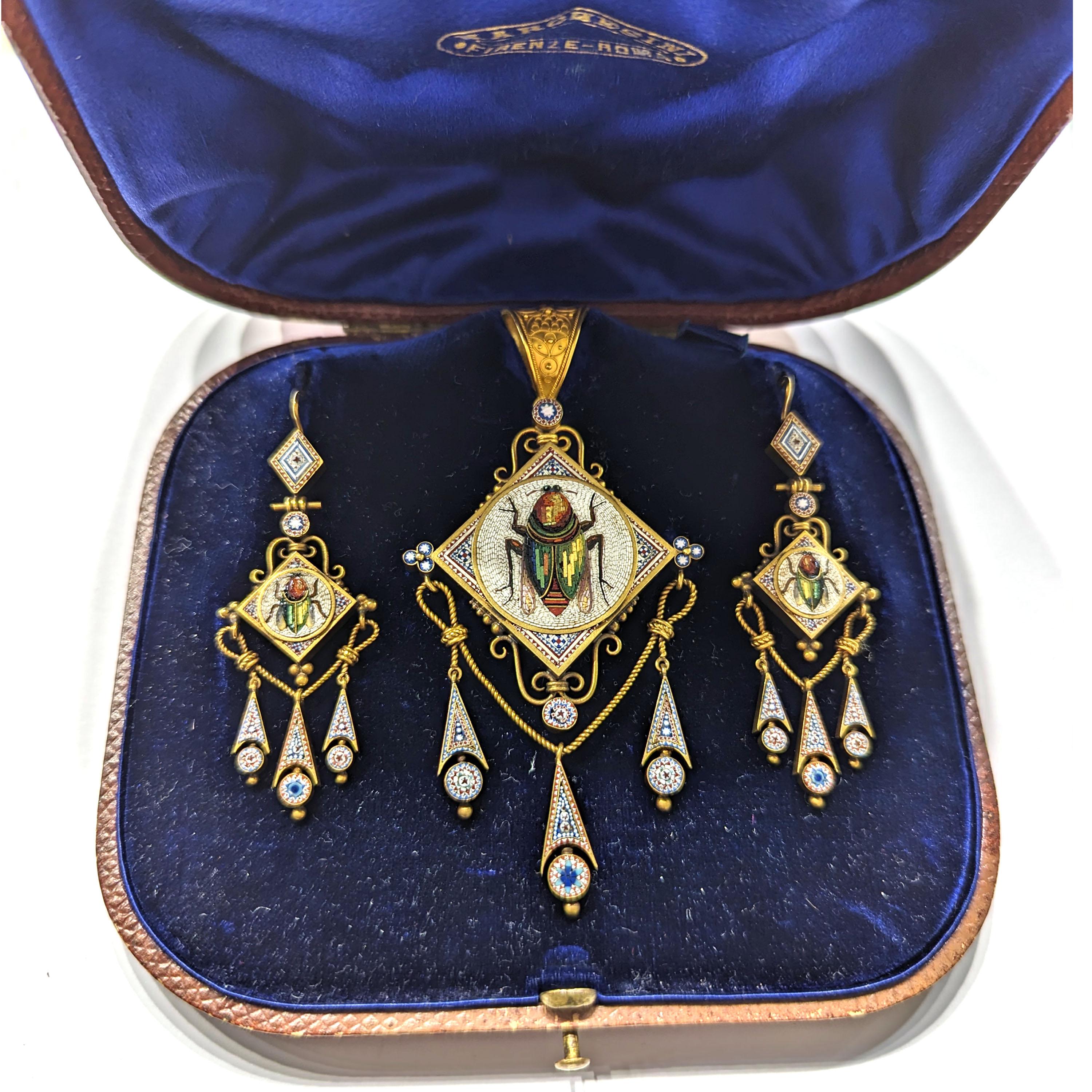 Victorian Antique Italian Micromosaic Gold Brooch-Pendant And Earrings Suite, Circa 1840 For Sale