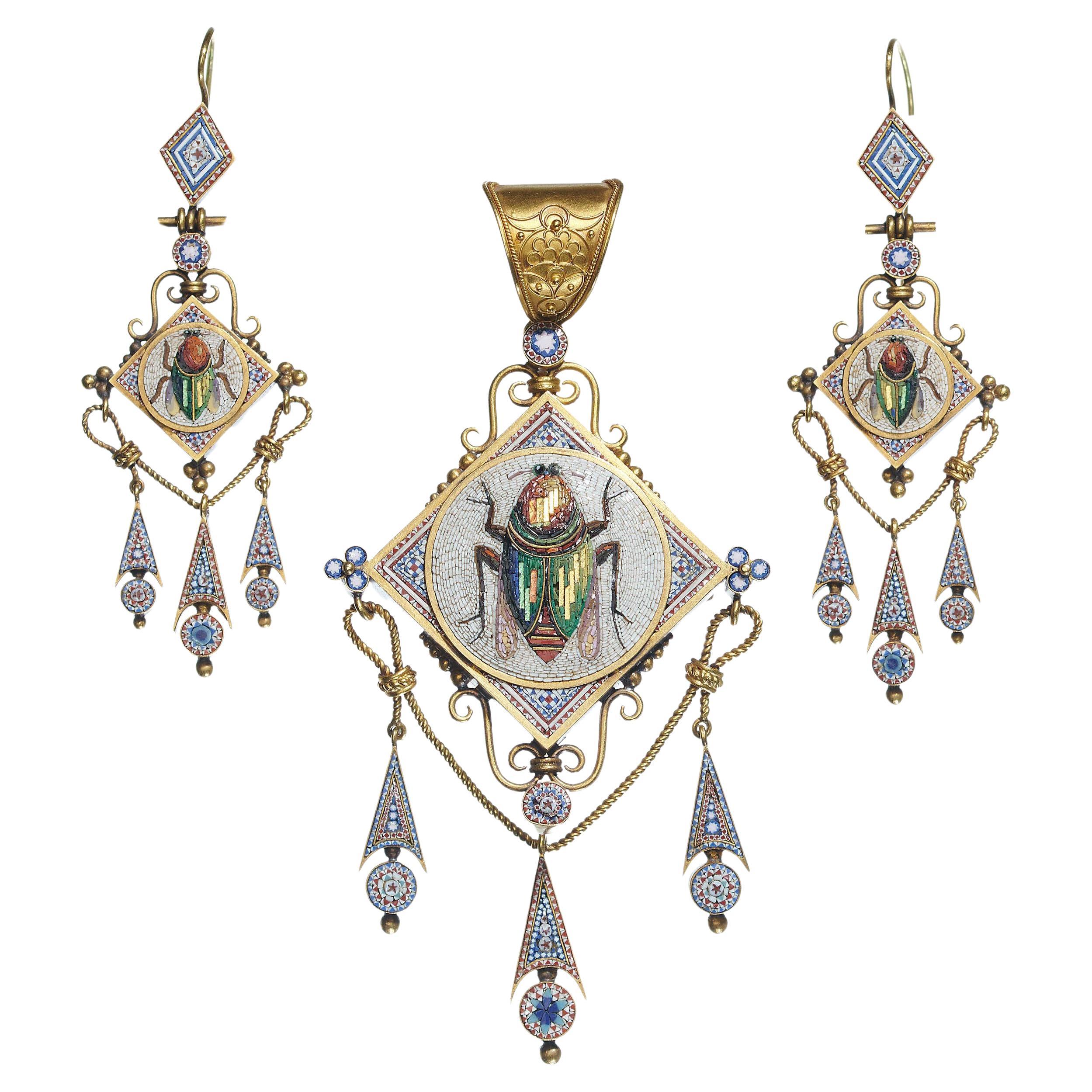 Antique Italian Micromosaic Gold Brooch-Pendant And Earrings Suite, Circa 1840 For Sale